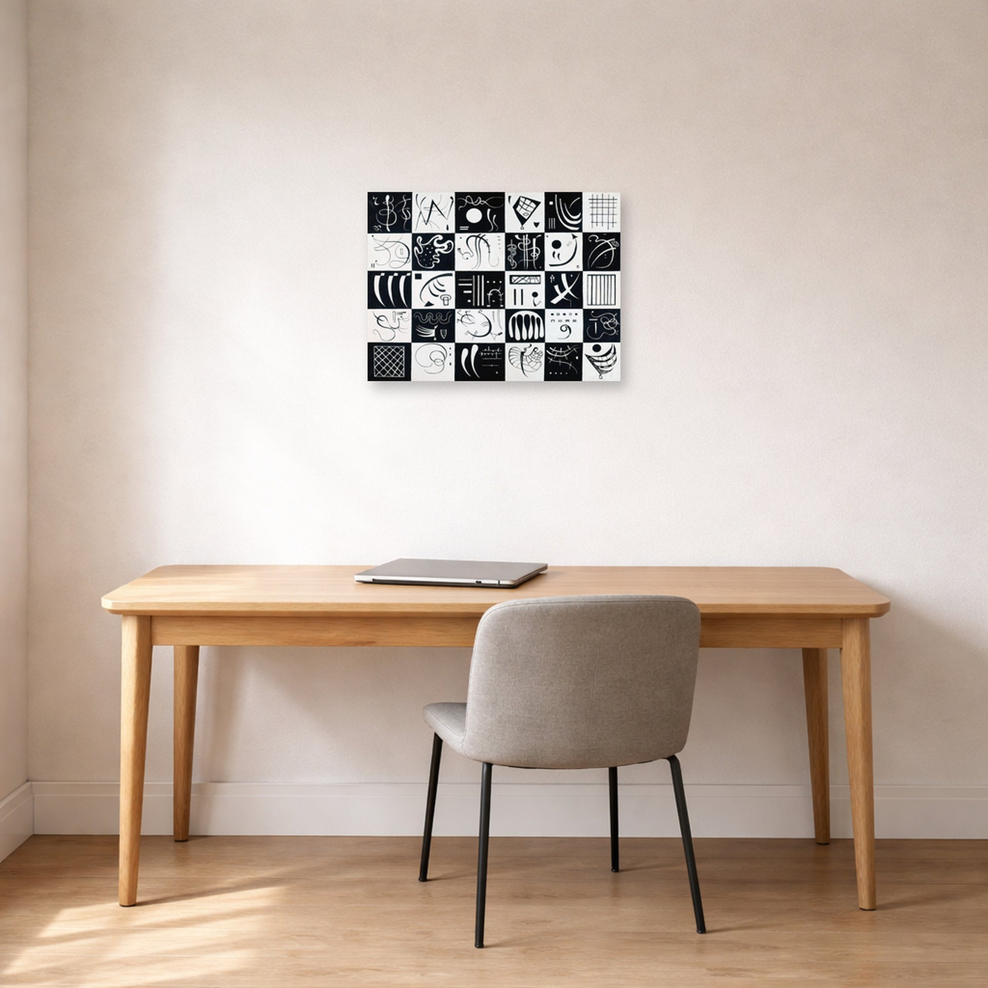 Unframed poster print of Wassily Kandinsky's Trente displayed on a wall in an office