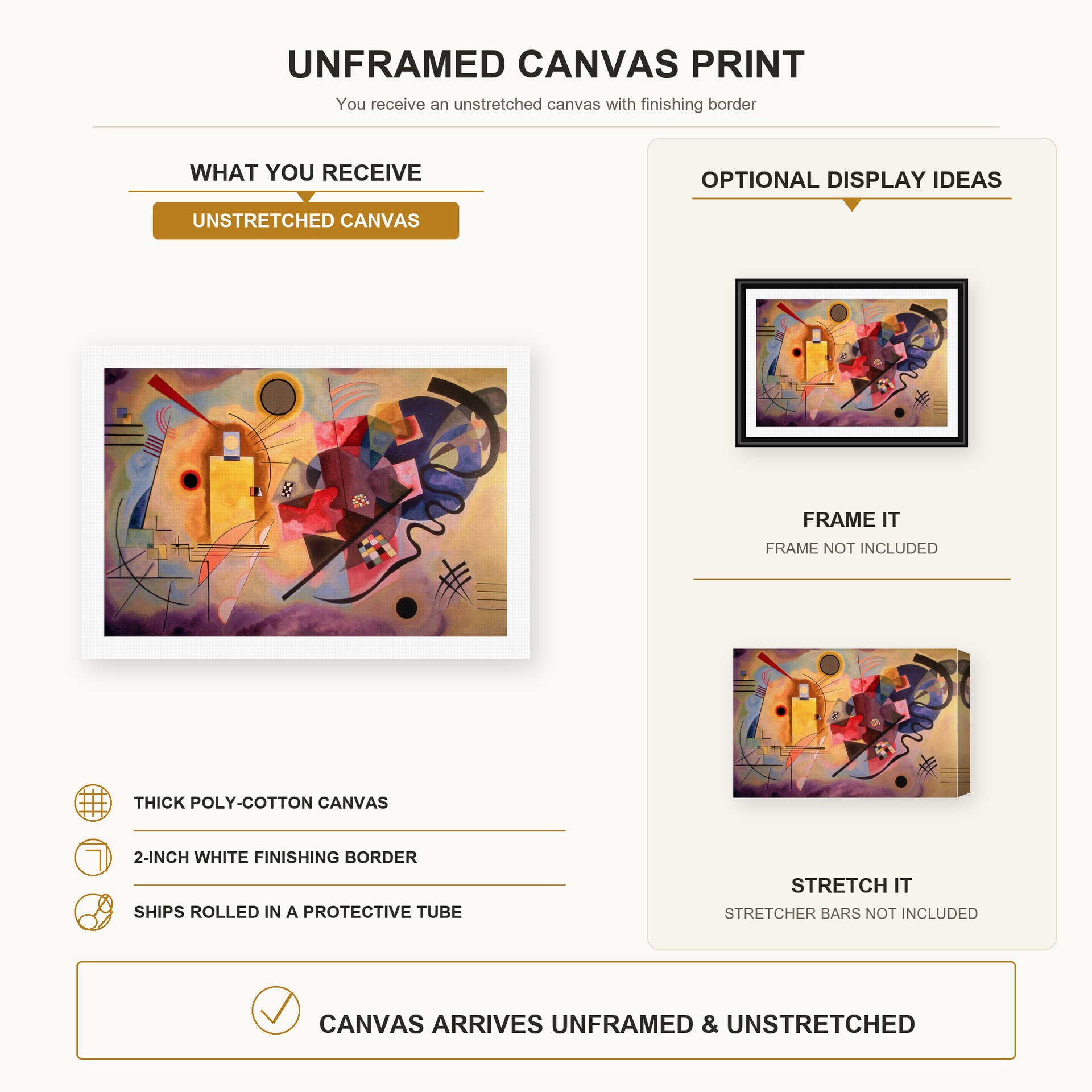 Wassily Kandinsky - Yellow Red Blue canvas print size comparison and framing display infographic