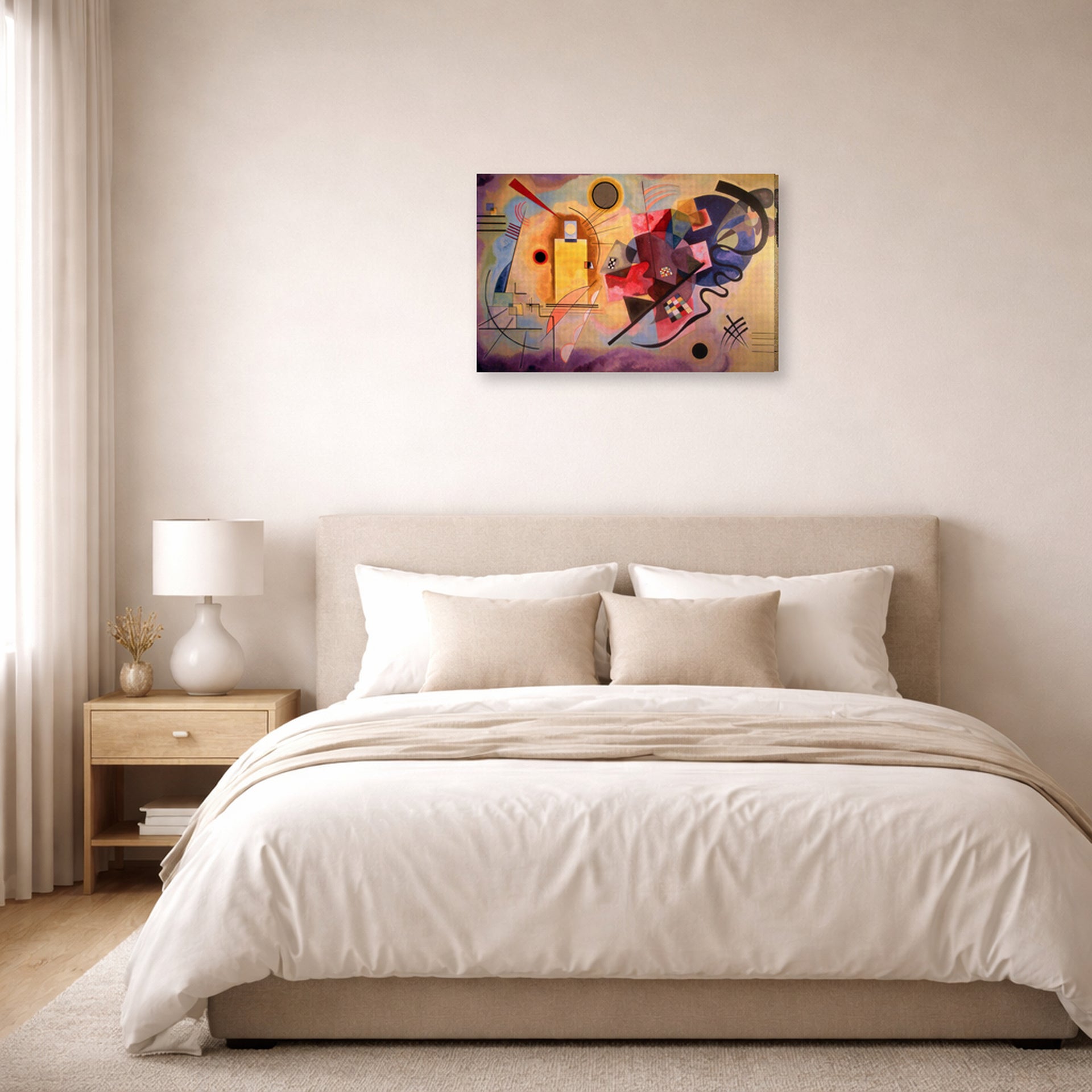 Gallery-wrapped canvas print of Wassily Kandinsky's Yellow Red Blue displayed on a wall in a bedroom