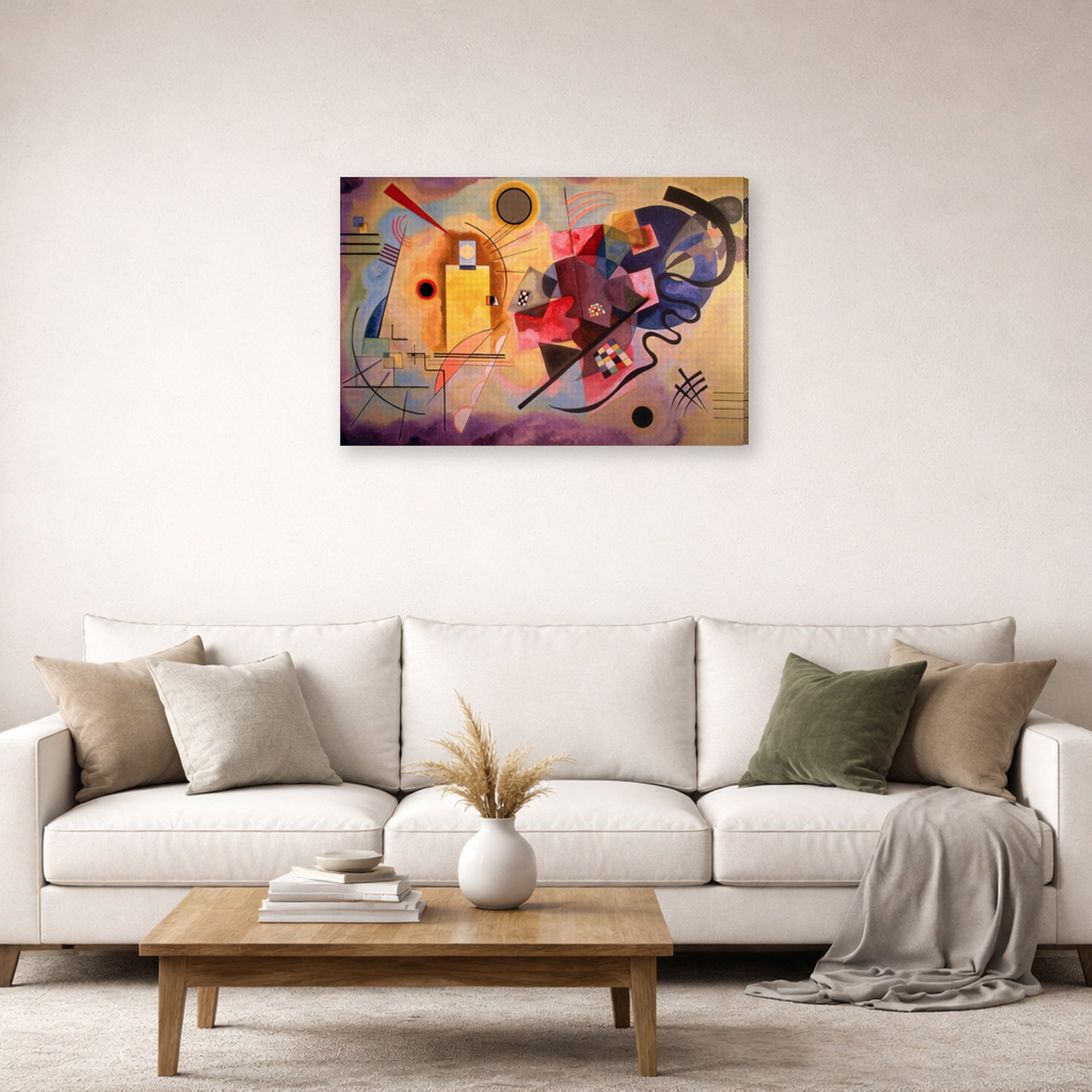 Gallery-wrapped canvas print of Wassily Kandinsky's Yellow Red Blue displayed on a wall in a living room