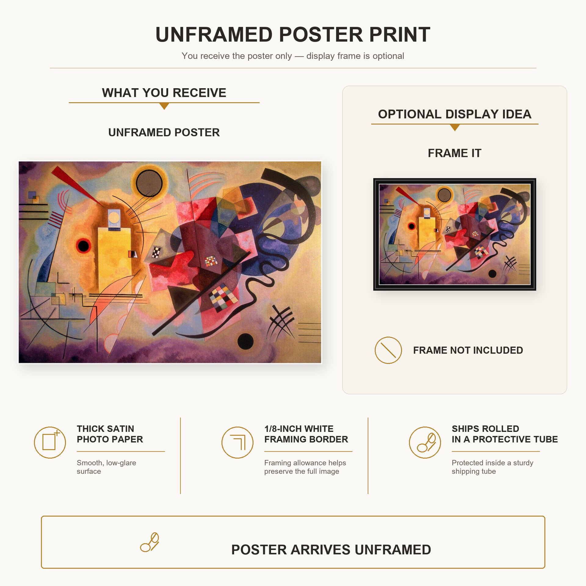 Wassily Kandinsky - Yellow Red Blue poster print size comparison and framing display infographic