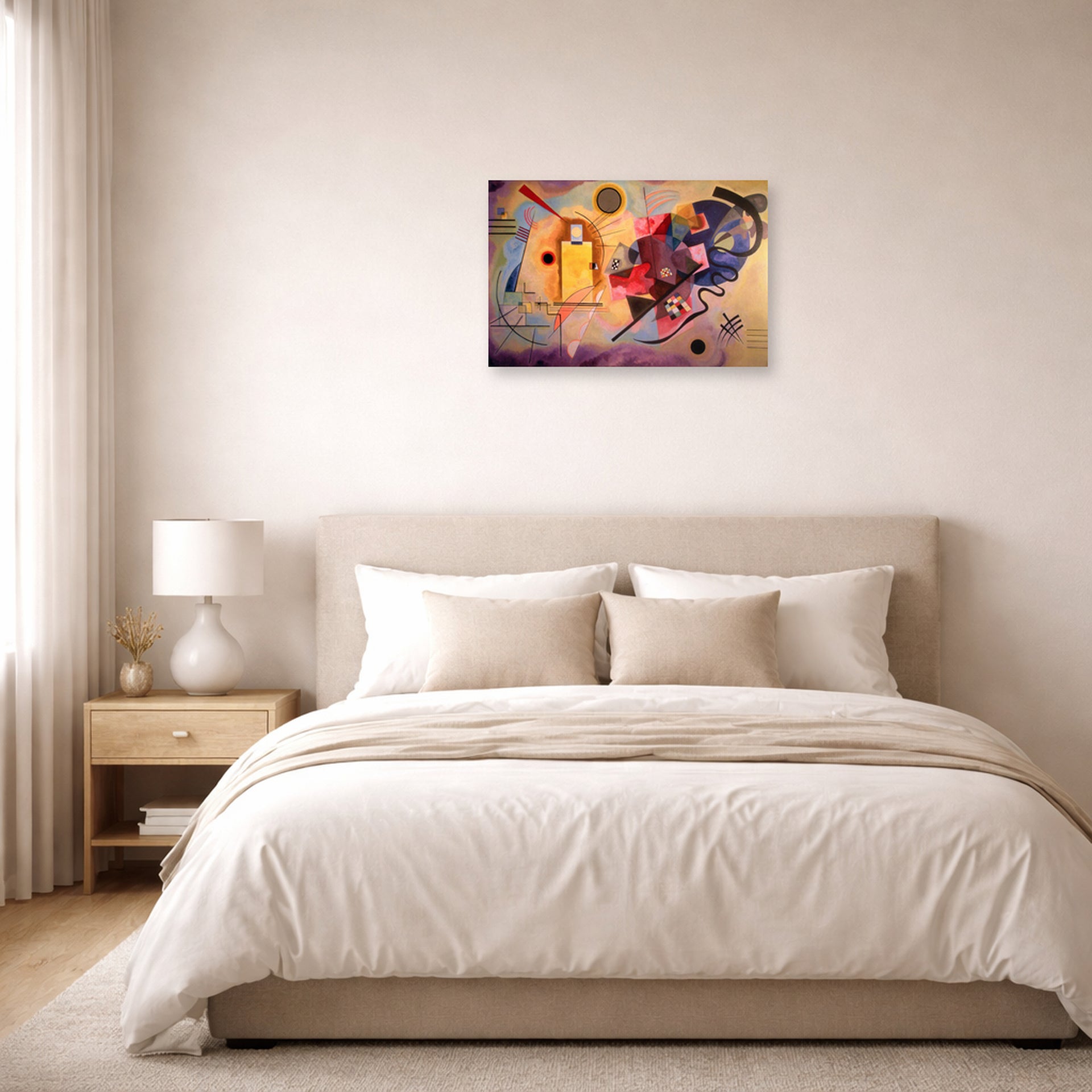 Unframed poster print of Wassily Kandinsky's Yellow Red Blue displayed on a wall in a bedroom