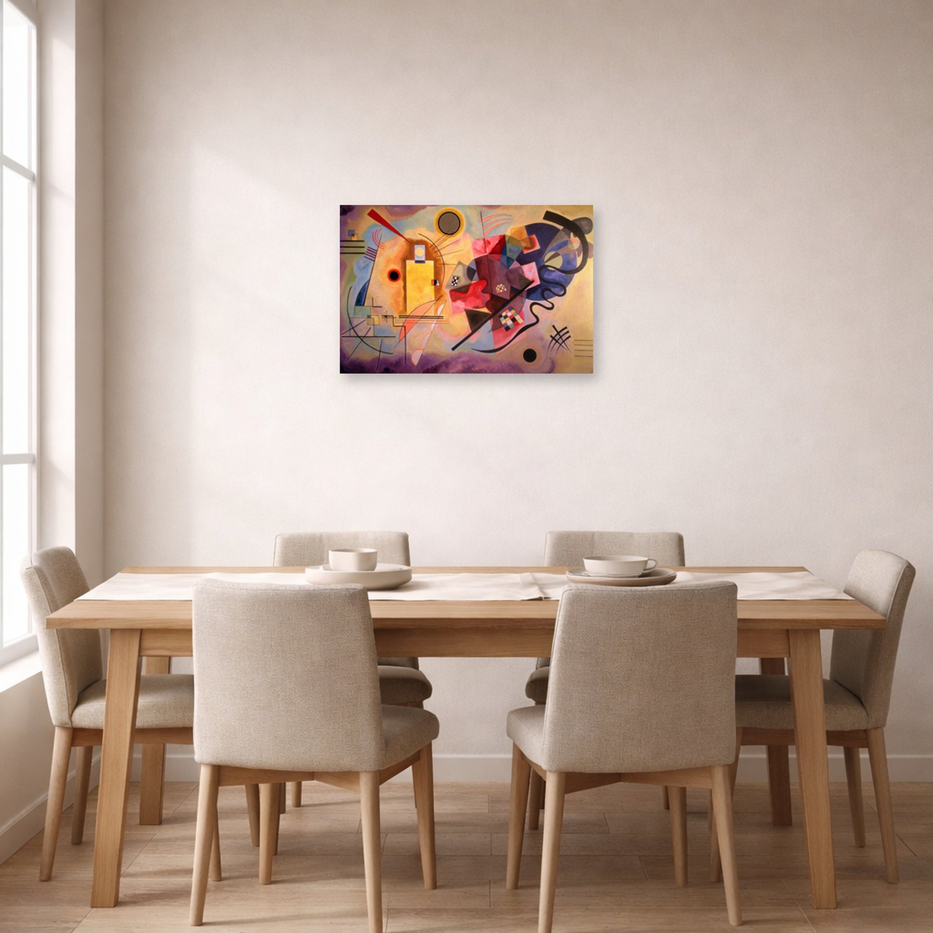 Unframed poster print of Wassily Kandinsky's Yellow Red Blue displayed on a wall in a dining room
