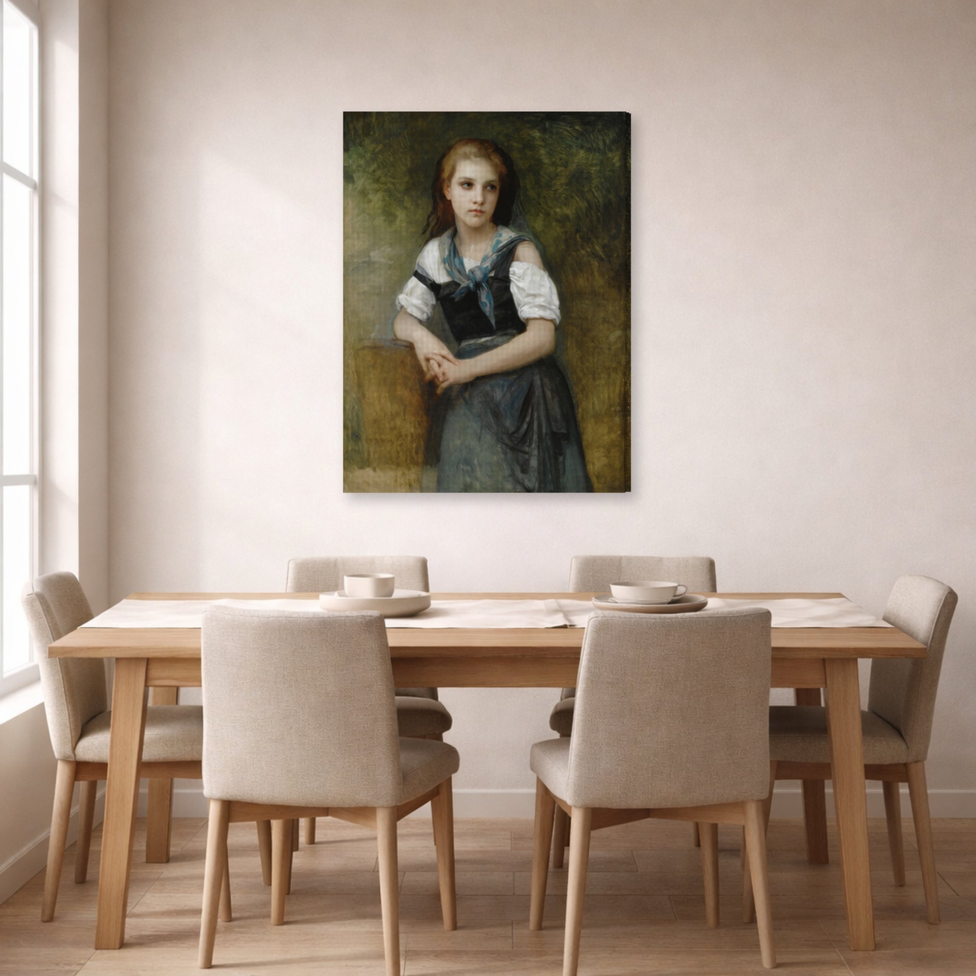 Gallery-wrapped canvas print of William-Adolphe Bouguereau's A Study for the Secret displayed on a wall in a dining room