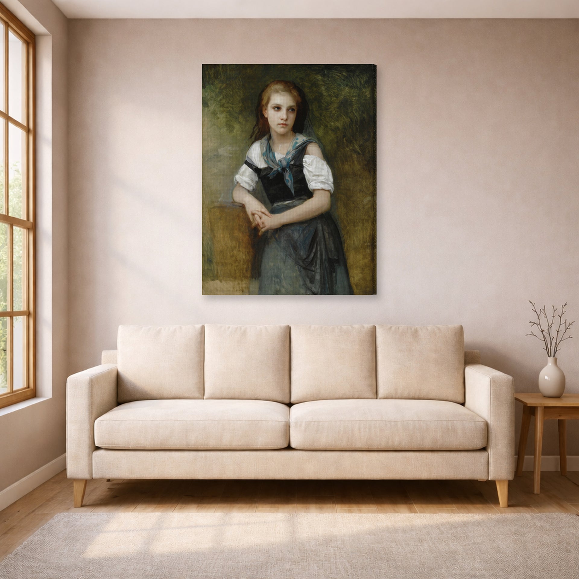 Gallery-wrapped canvas print of William-Adolphe Bouguereau's A Study for the Secret displayed on a wall in a living room