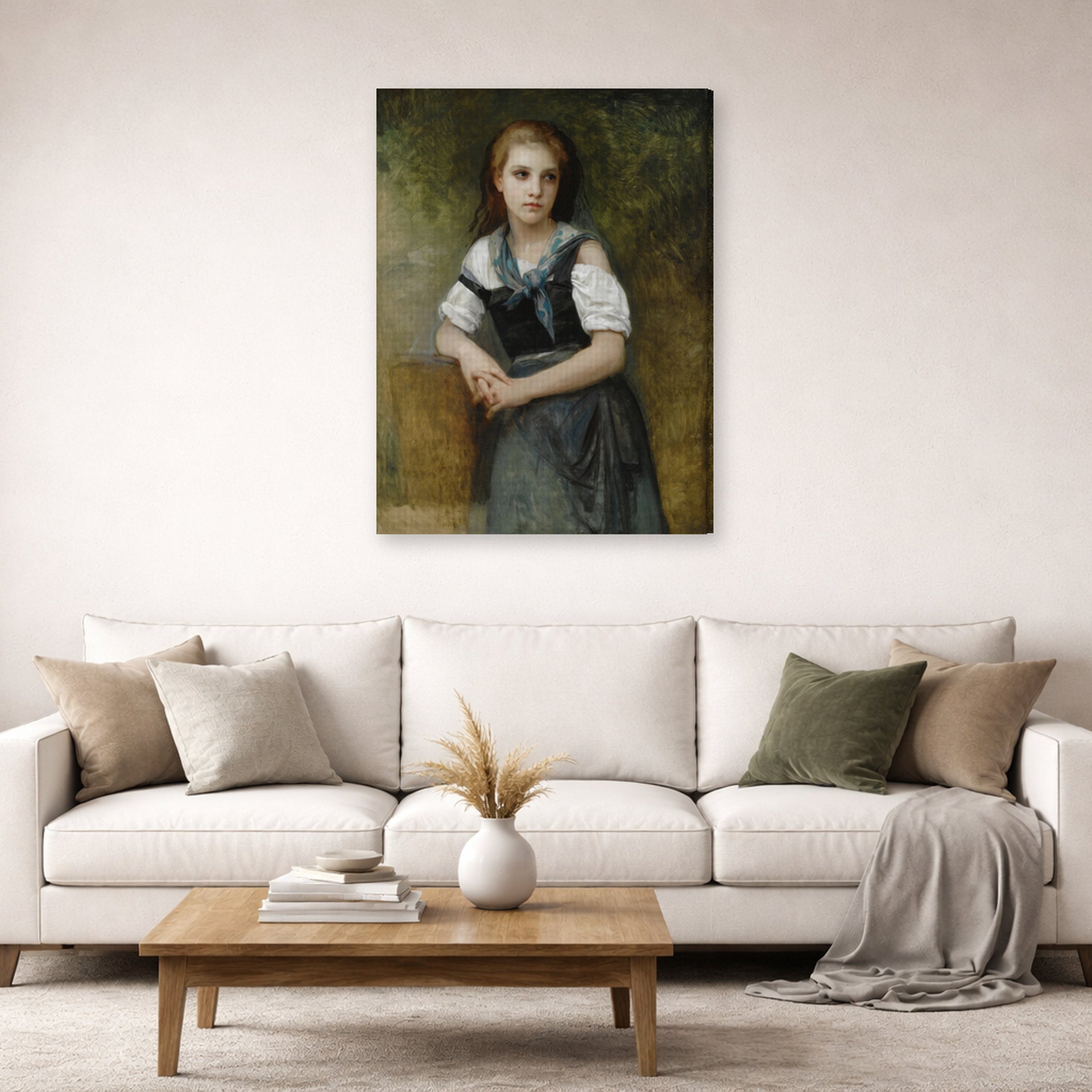 Gallery-wrapped canvas print of William-Adolphe Bouguereau's A Study for the Secret displayed on a wall in a second living room setting