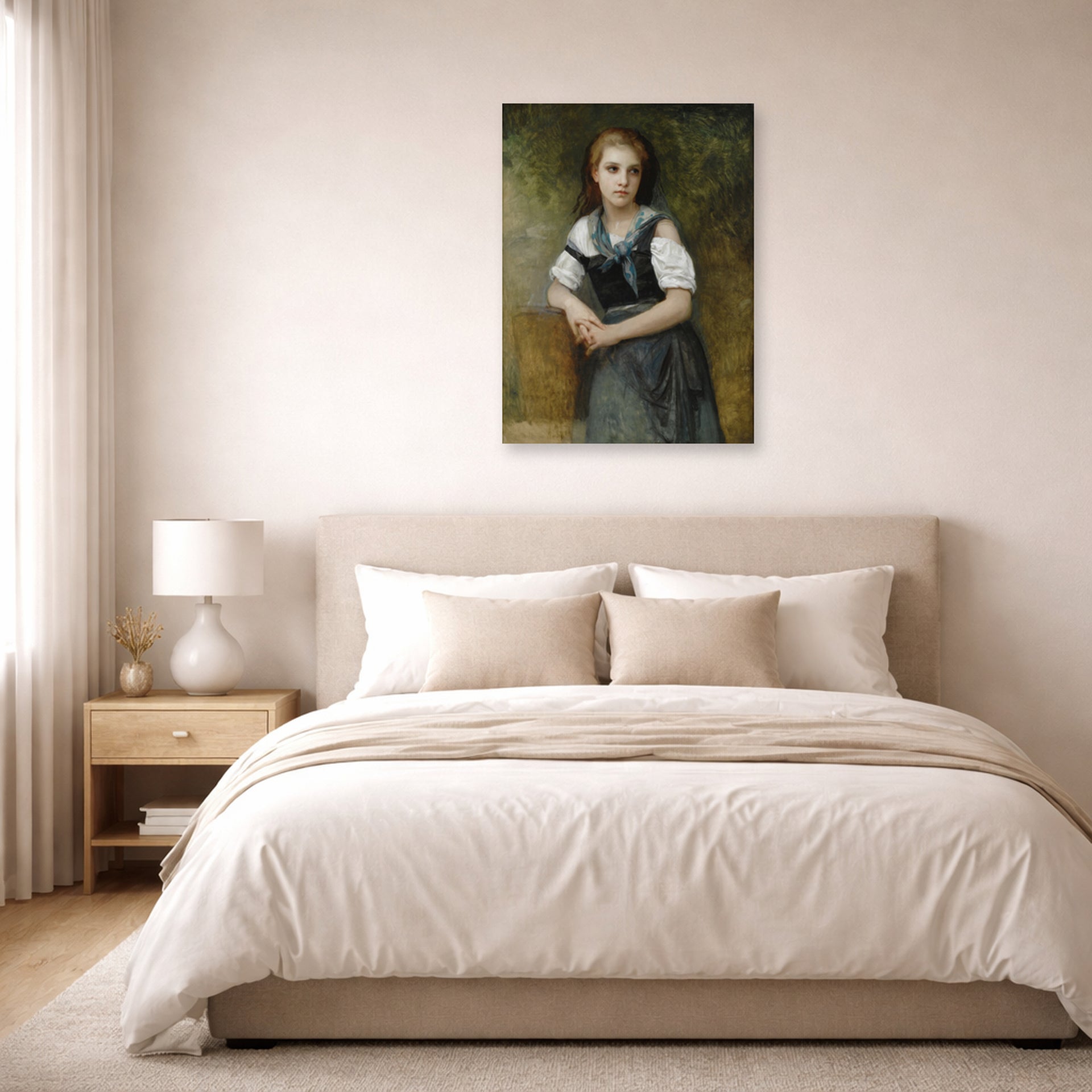 Unframed poster print of William-Adolphe Bouguereau's A Study for the Secret displayed on a wall in a bedroom