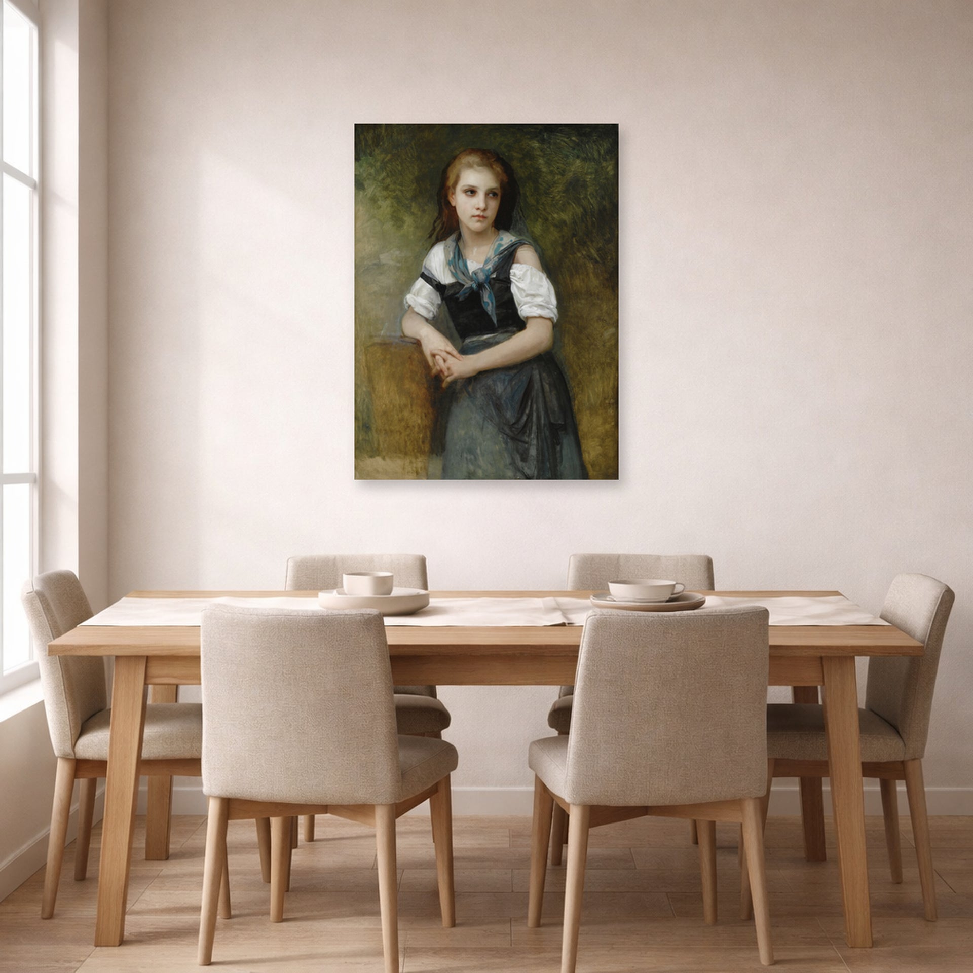 Unframed poster print of William-Adolphe Bouguereau's A Study for the Secret displayed on a wall in a dining room