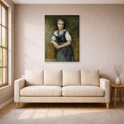 Unframed poster print of William-Adolphe Bouguereau's A Study for the Secret displayed on a wall in a living room