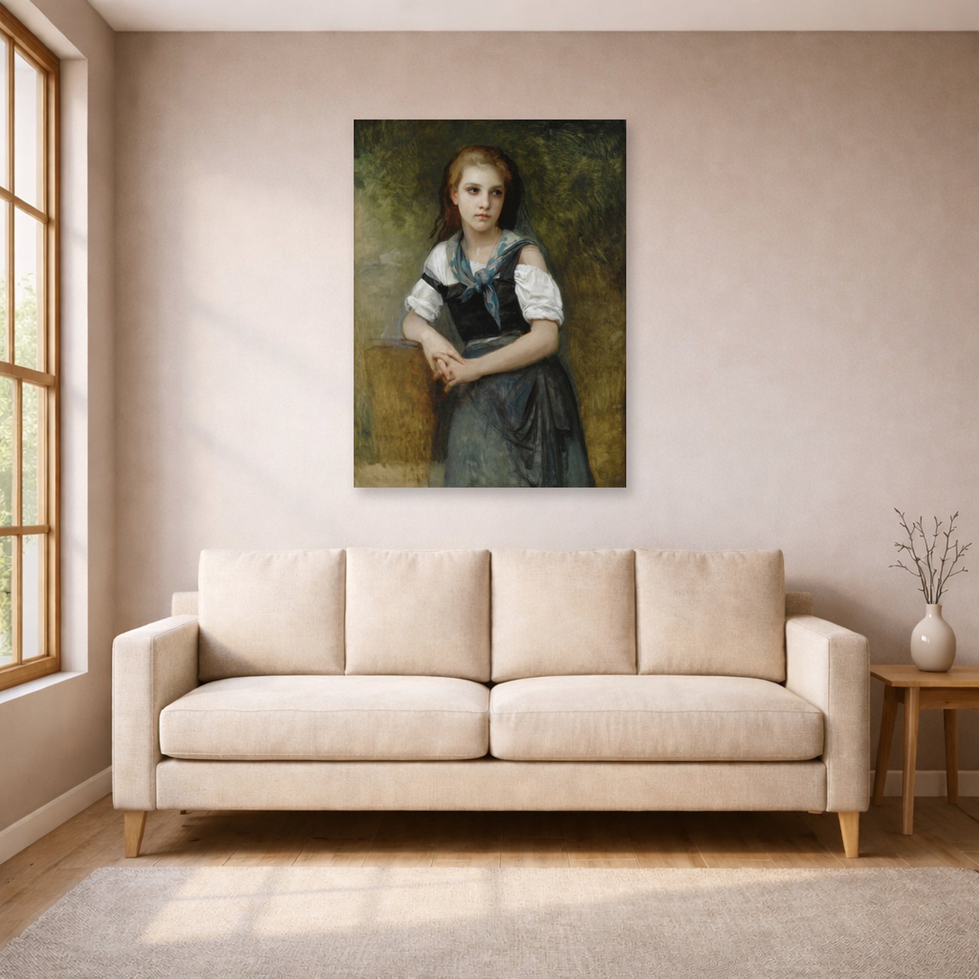 Unframed poster print of William-Adolphe Bouguereau's A Study for the Secret displayed on a wall in a living room
