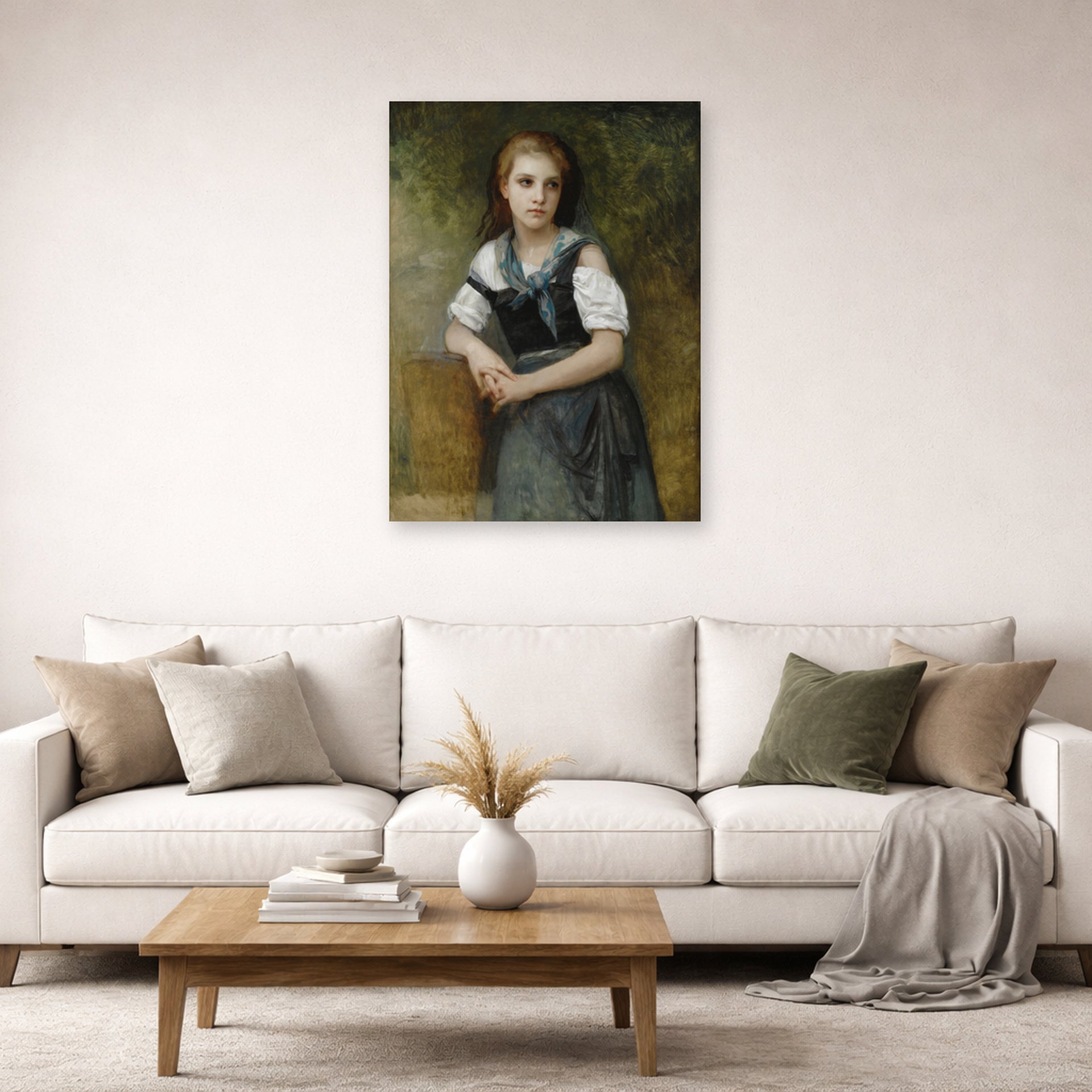 Unframed poster print of William-Adolphe Bouguereau's A Study for the Secret displayed on a wall in a second living room setting