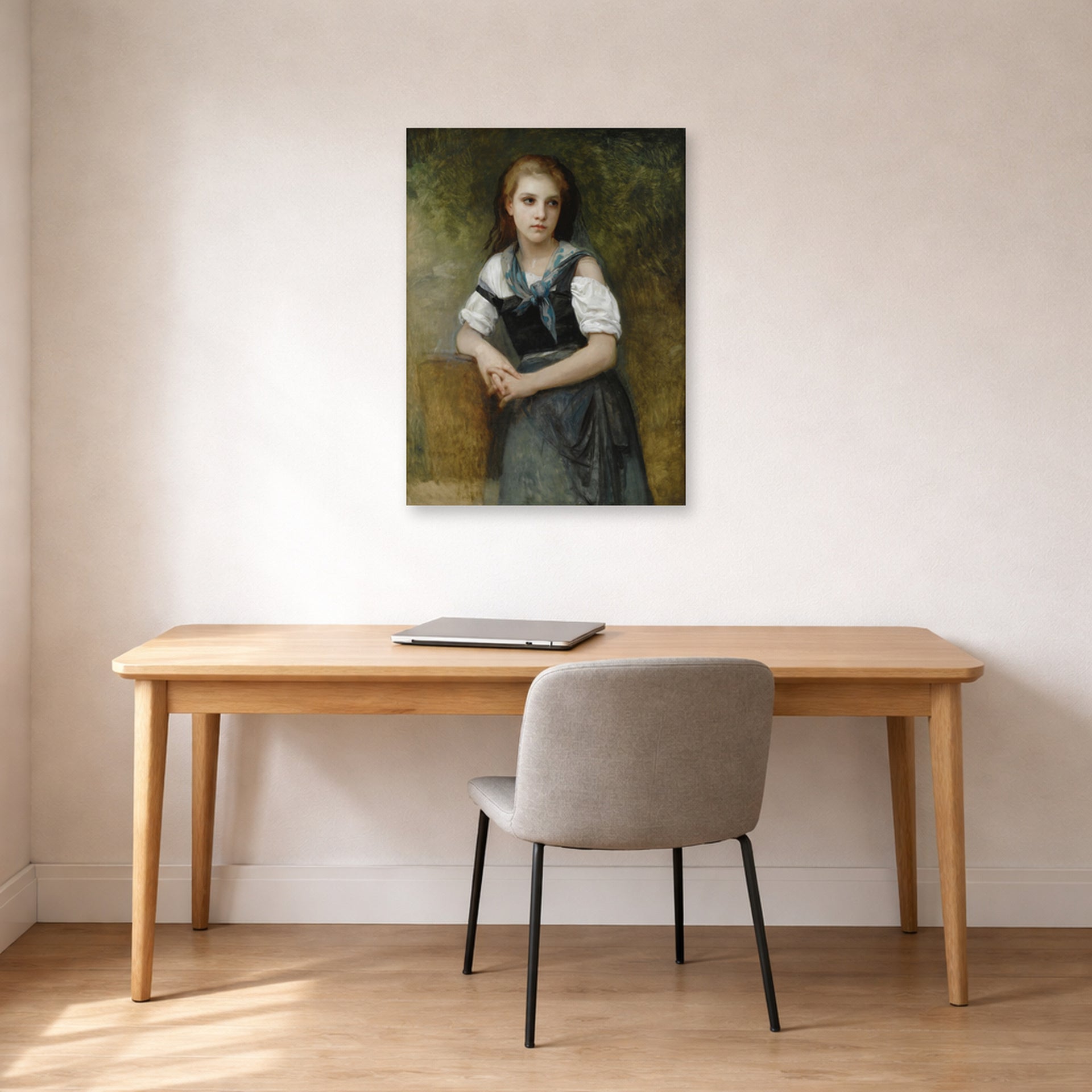 Unframed poster print of William-Adolphe Bouguereau's A Study for the Secret displayed on a wall in a office