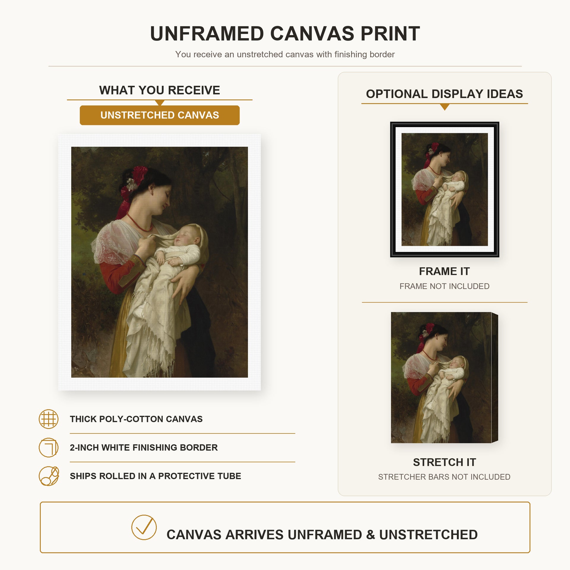 William-Adolphe Bouguereau - Admiration Maternelle canvas print size comparison and framing display infographic
