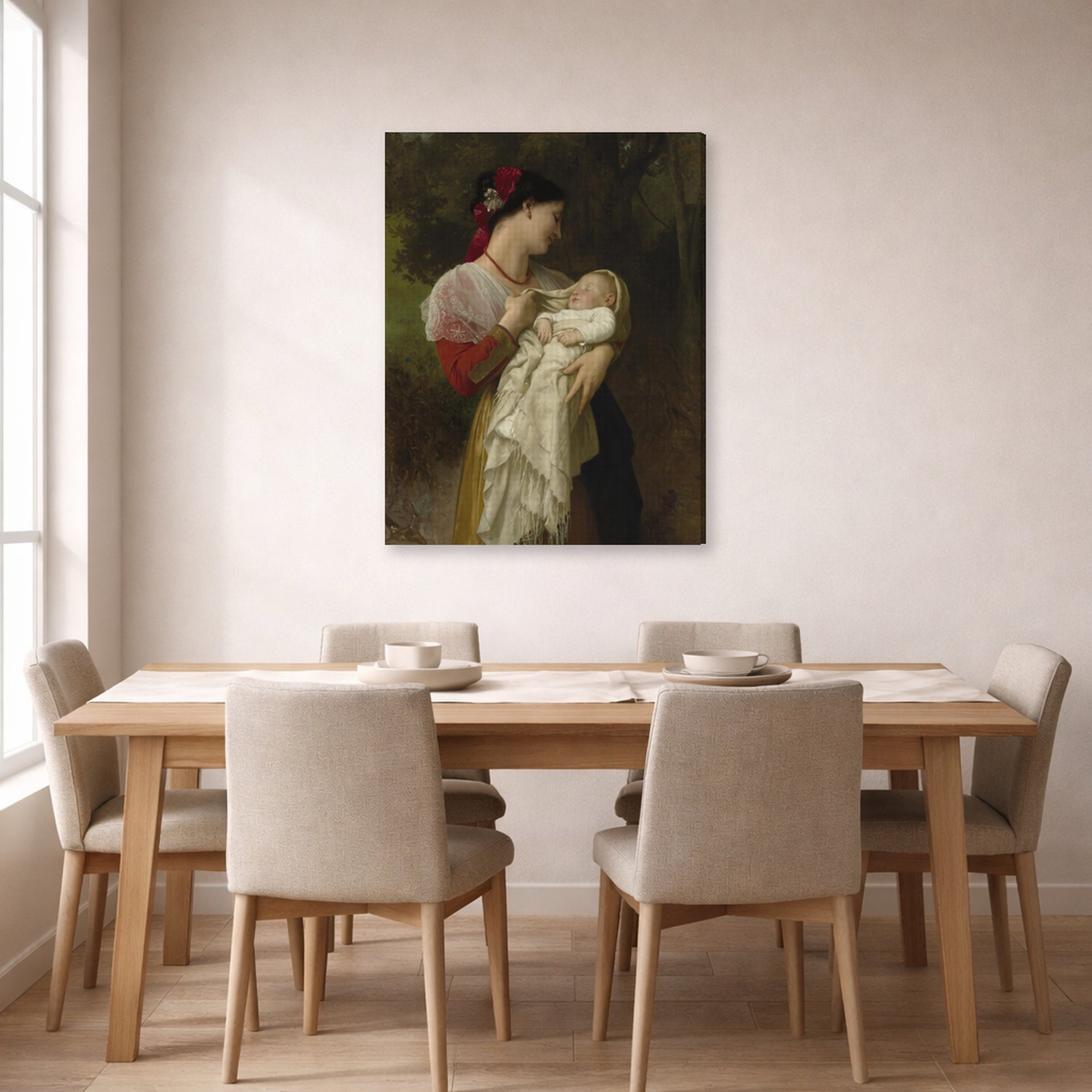 Gallery-wrapped canvas print of William-Adolphe Bouguereau's Admiration Maternelle displayed on a wall in a dining room