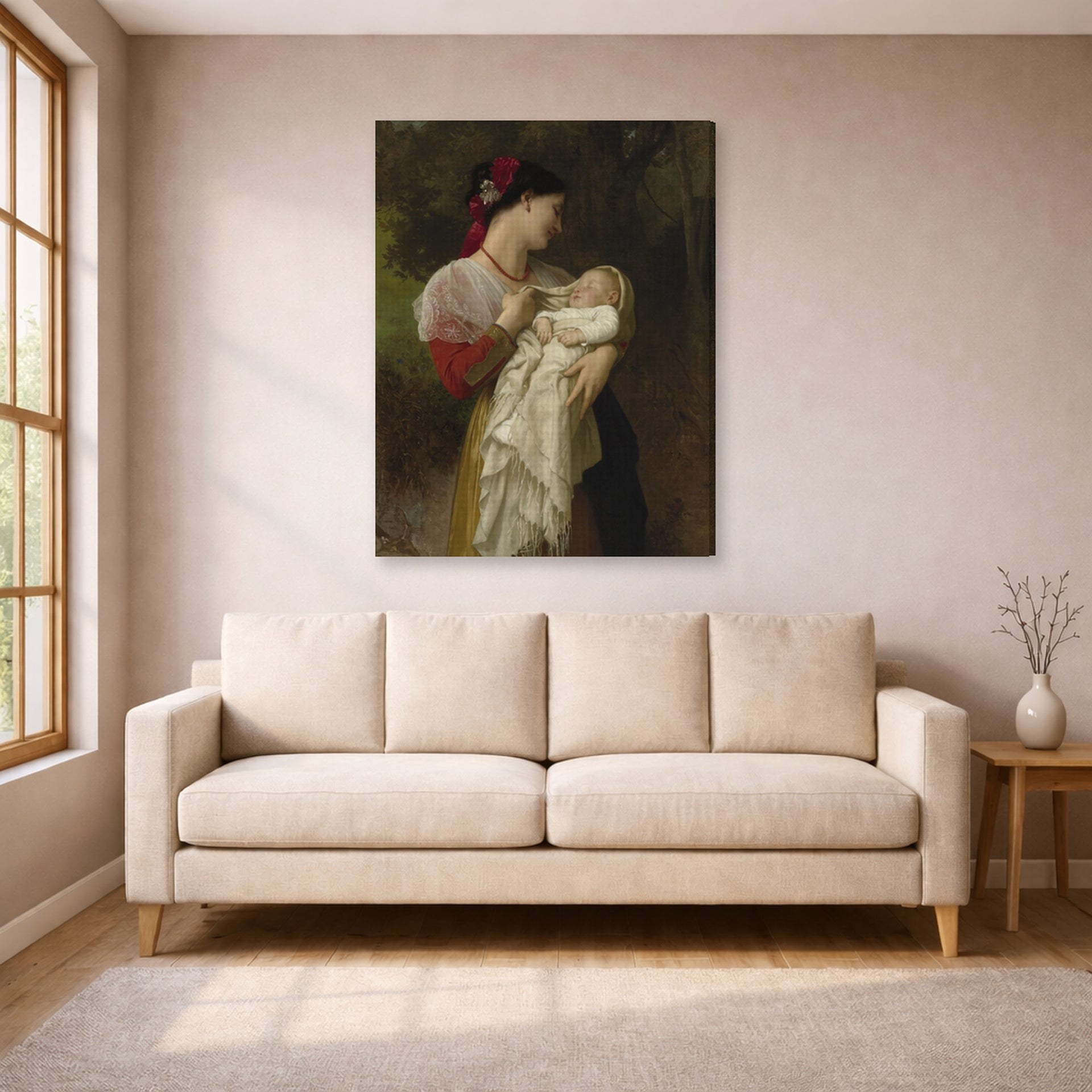 Gallery-wrapped canvas print of William-Adolphe Bouguereau's Admiration Maternelle displayed on a wall in a living room