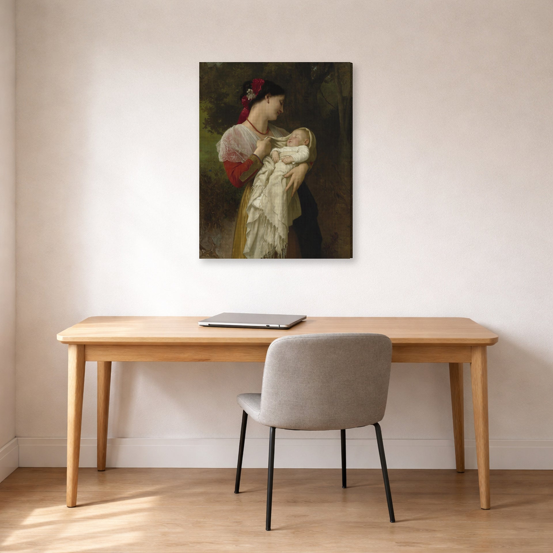 Gallery-wrapped canvas print of William-Adolphe Bouguereau's Admiration Maternelle displayed on a wall in a office