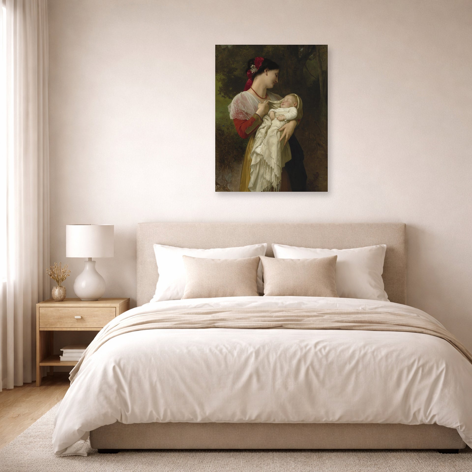 Unframed poster print of William-Adolphe Bouguereau's Admiration Maternelle displayed on a wall in a bedroom