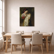 Unframed poster print of William-Adolphe Bouguereau's Admiration Maternelle displayed on a wall in a dining room