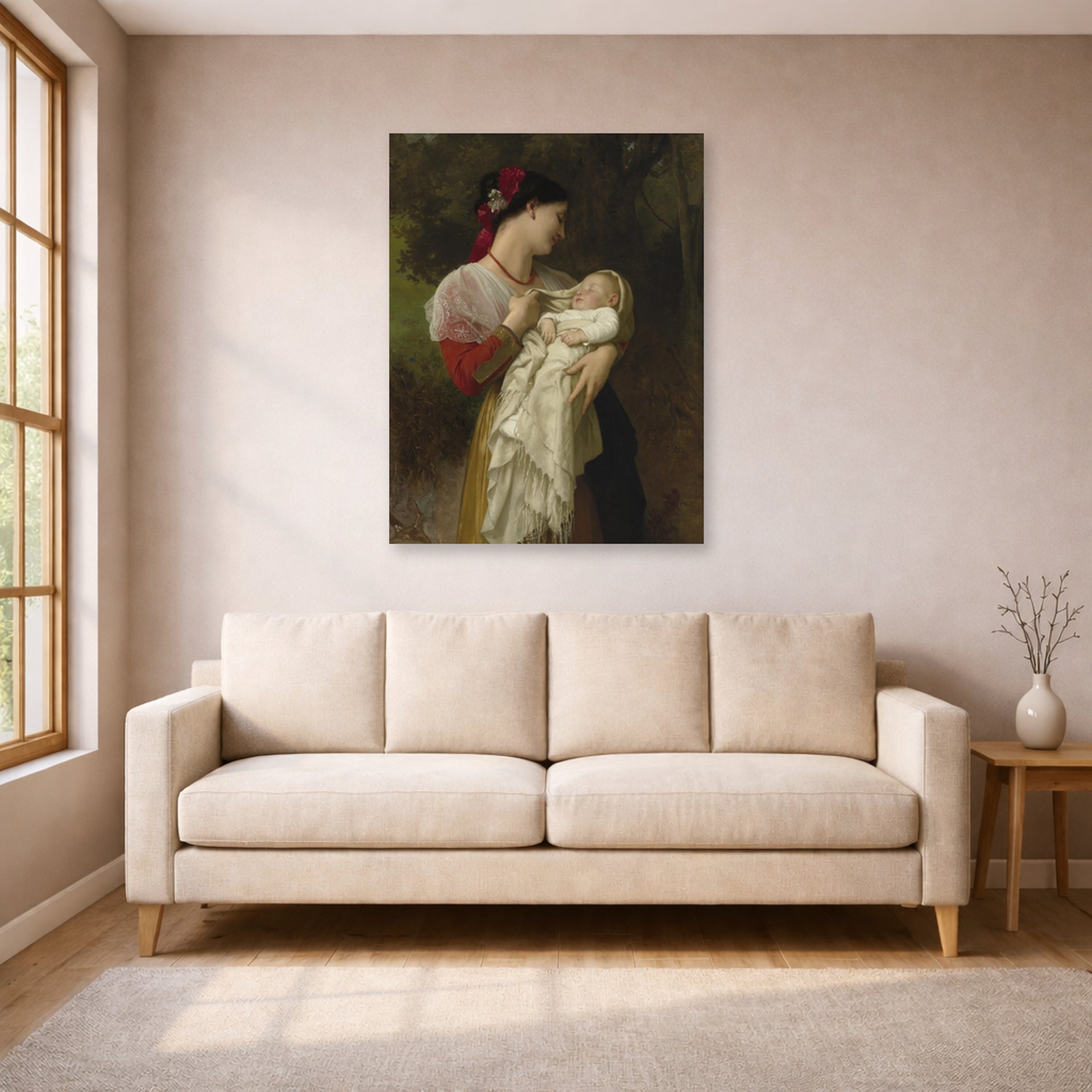 Unframed poster print of William-Adolphe Bouguereau's Admiration Maternelle displayed on a wall in a living room