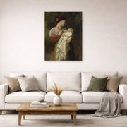 Unframed poster print of William-Adolphe Bouguereau's Admiration Maternelle displayed on a wall in a second living room setting