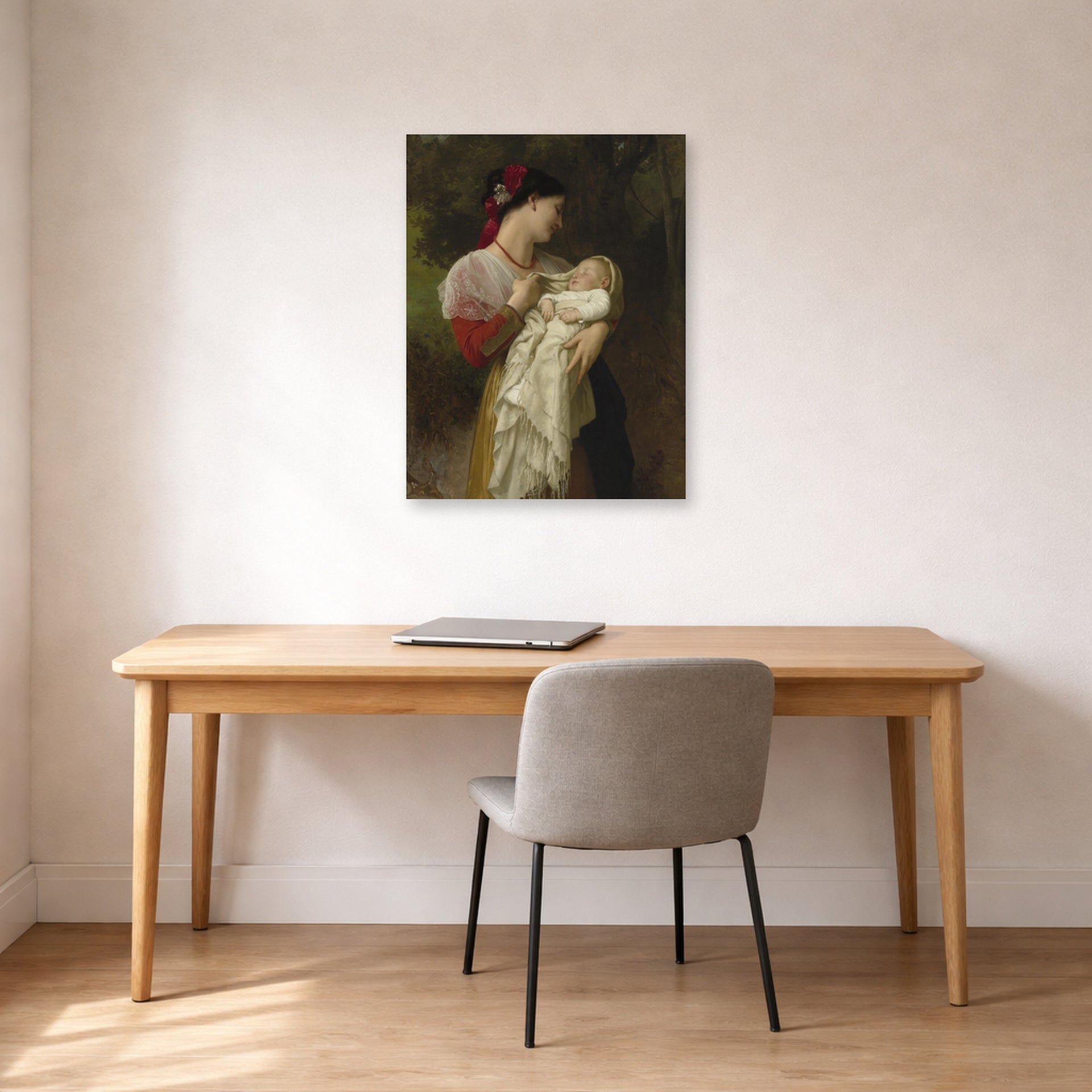 Unframed poster print of William-Adolphe Bouguereau's Admiration Maternelle displayed on a wall in a office