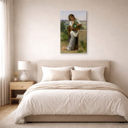Gallery-wrapped canvas print of William-Adolphe Bouguereau's At the Fountain displayed on a wall in a bedroom