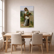 Gallery-wrapped canvas print of William-Adolphe Bouguereau's At the Fountain displayed on a wall in a dining room