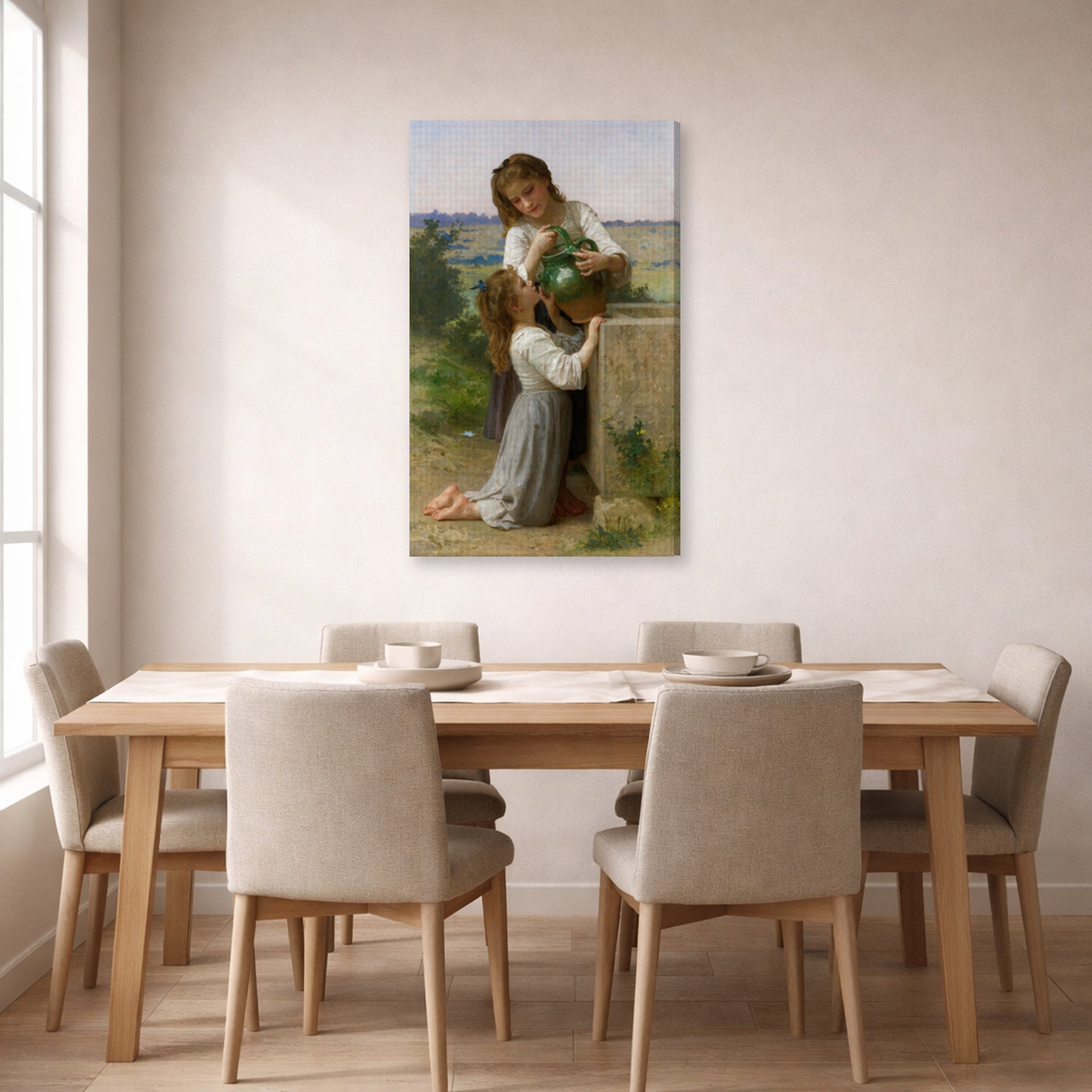 Gallery-wrapped canvas print of William-Adolphe Bouguereau's At the Fountain displayed on a wall in a dining room