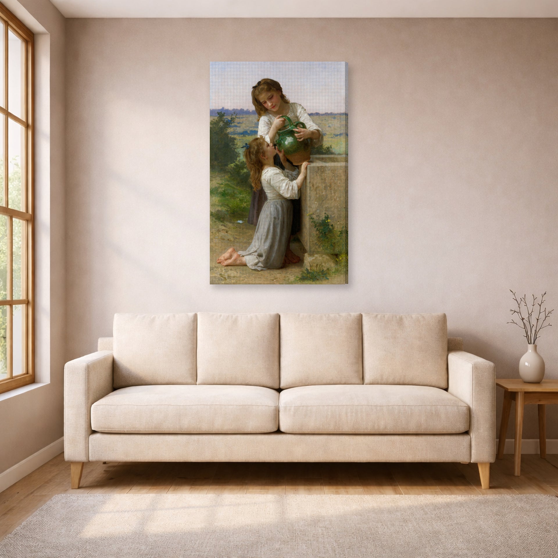 Gallery-wrapped canvas print of William-Adolphe Bouguereau's At the Fountain displayed on a wall in a living room