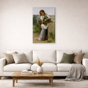 Gallery-wrapped canvas print of William-Adolphe Bouguereau's At the Fountain displayed on a wall in a second living room setting