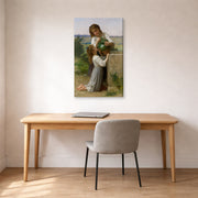 Gallery-wrapped canvas print of William-Adolphe Bouguereau's At the Fountain displayed on a wall in a office