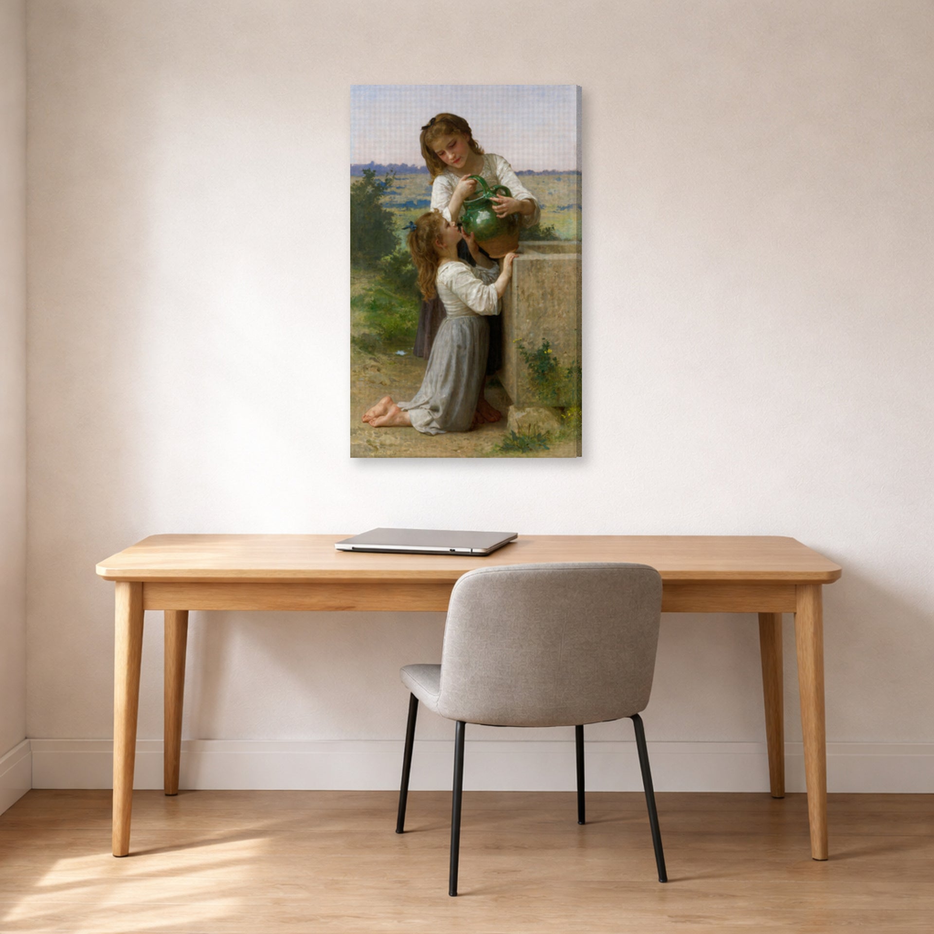 Gallery-wrapped canvas print of William-Adolphe Bouguereau's At the Fountain displayed on a wall in a office