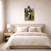 Unframed poster print of William-Adolphe Bouguereau's At the Fountain displayed on a wall in a bedroom
