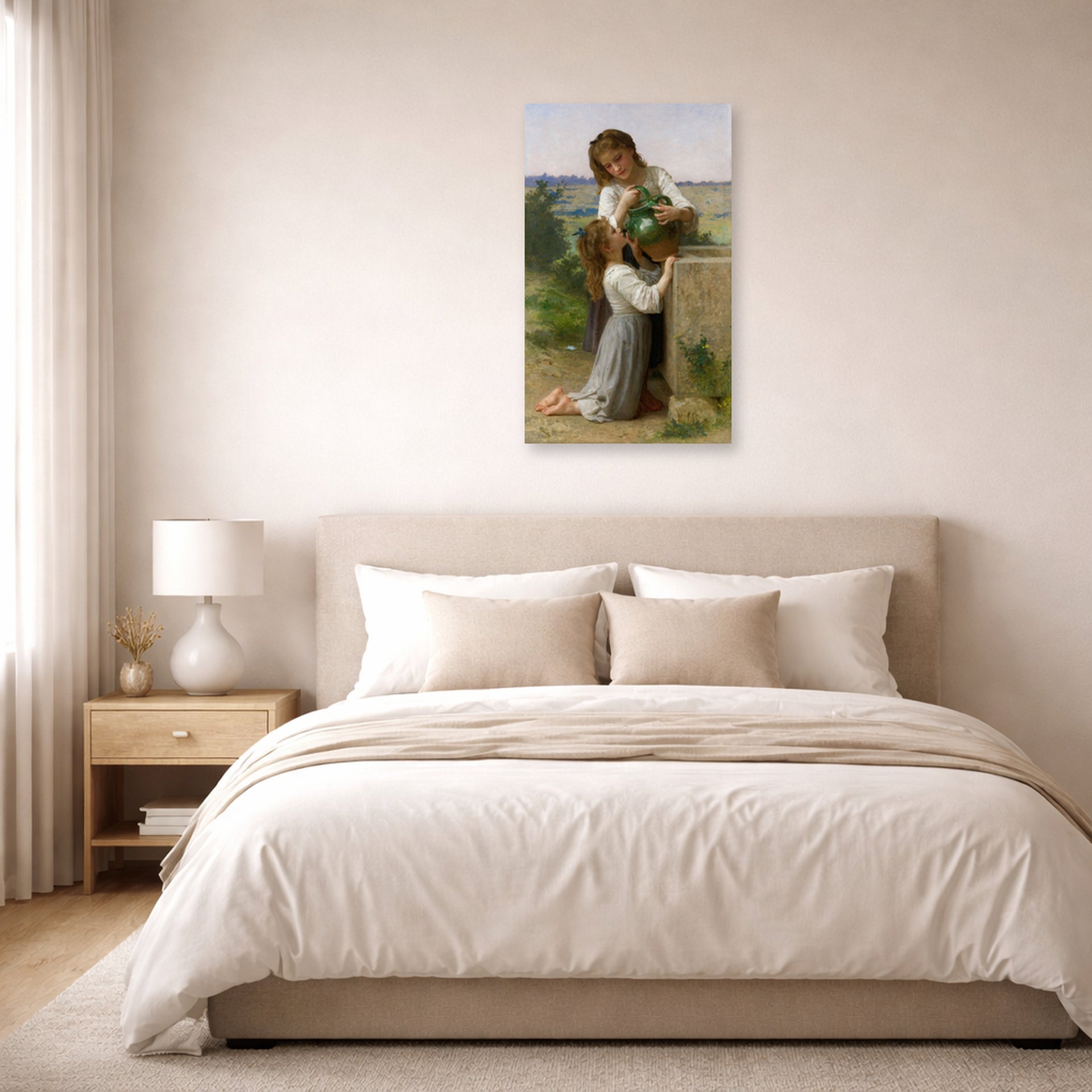 Unframed poster print of William-Adolphe Bouguereau's At the Fountain displayed on a wall in a bedroom