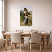 Unframed poster print of William-Adolphe Bouguereau's At the Fountain displayed on a wall in a dining room