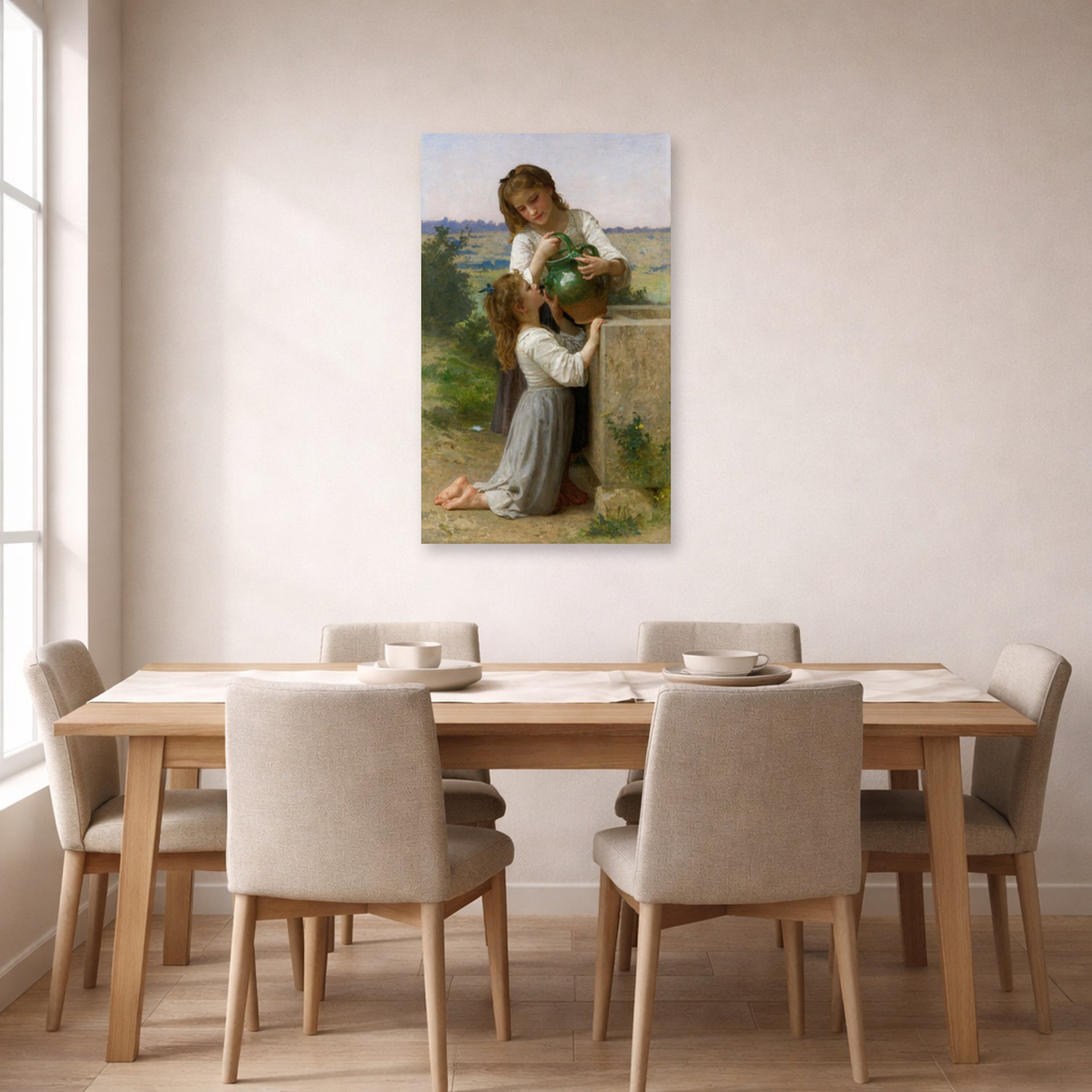 Unframed poster print of William-Adolphe Bouguereau's At the Fountain displayed on a wall in a dining room