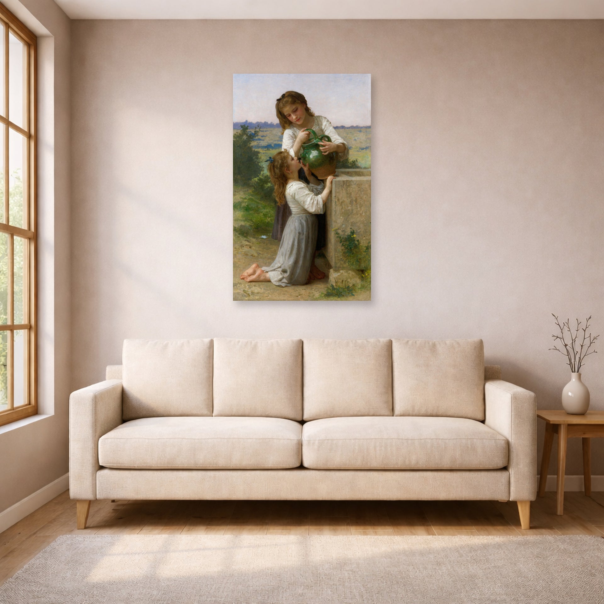 Unframed poster print of William-Adolphe Bouguereau's At the Fountain displayed on a wall in a living room