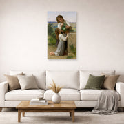 Unframed poster print of William-Adolphe Bouguereau's At the Fountain displayed on a wall in a second living room setting