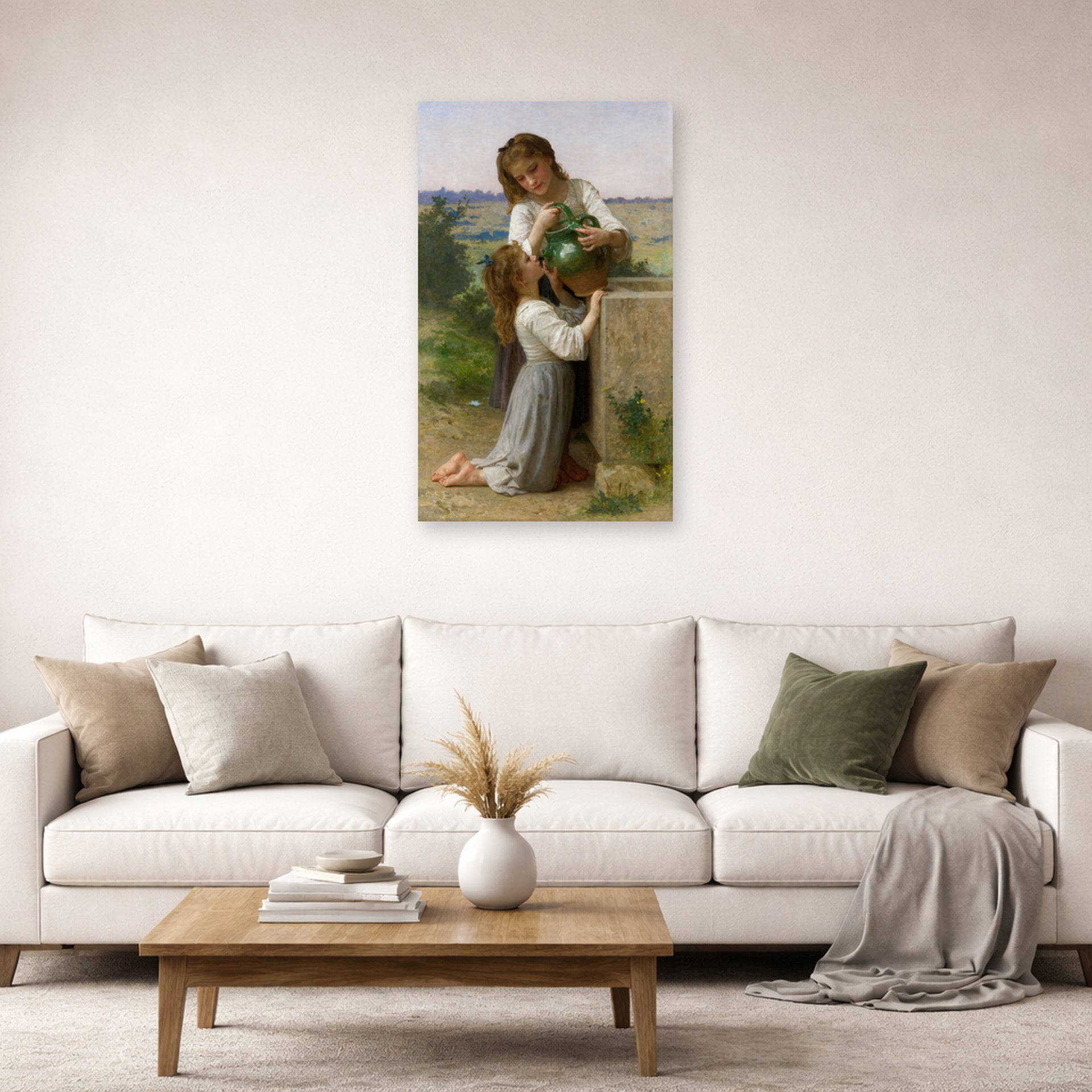 Unframed poster print of William-Adolphe Bouguereau's At the Fountain displayed on a wall in a second living room setting