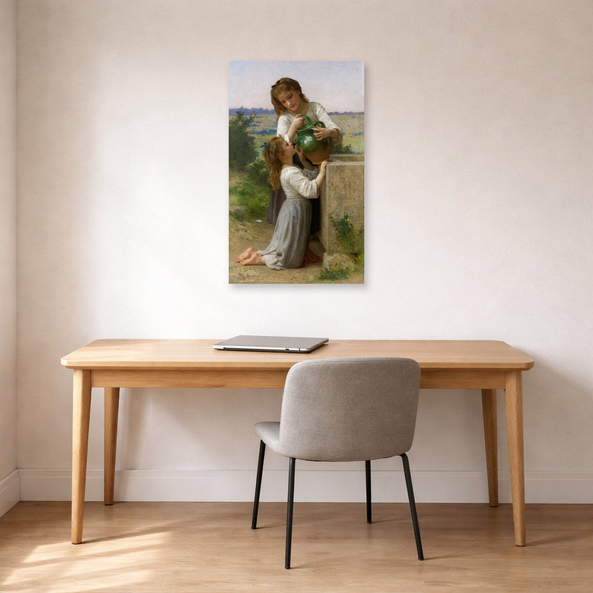 Unframed poster print of William-Adolphe Bouguereau's At the Fountain displayed on a wall in a office