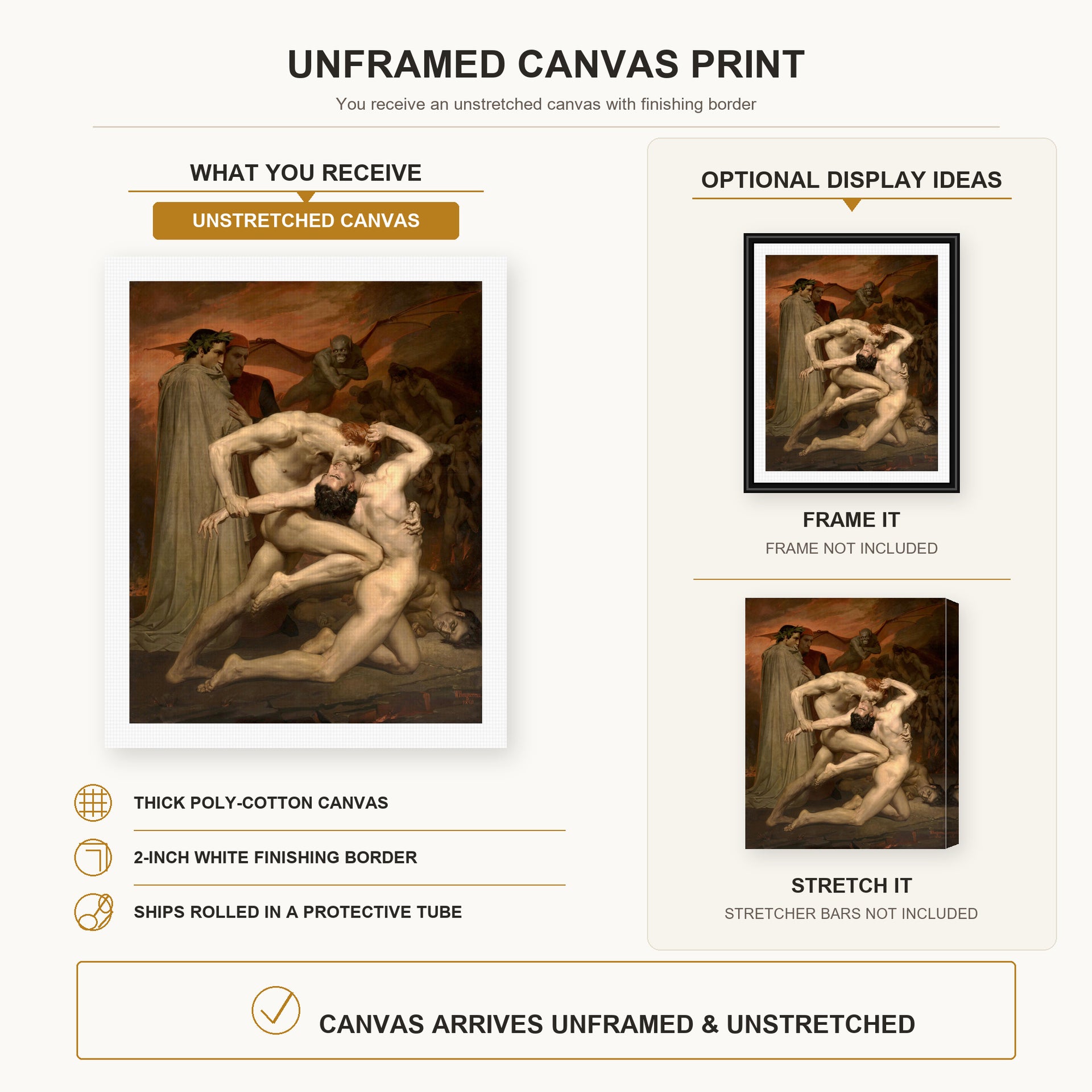William-Adolphe Bouguereau - Dante and Virgil in Hell canvas print size comparison and framing display infographic