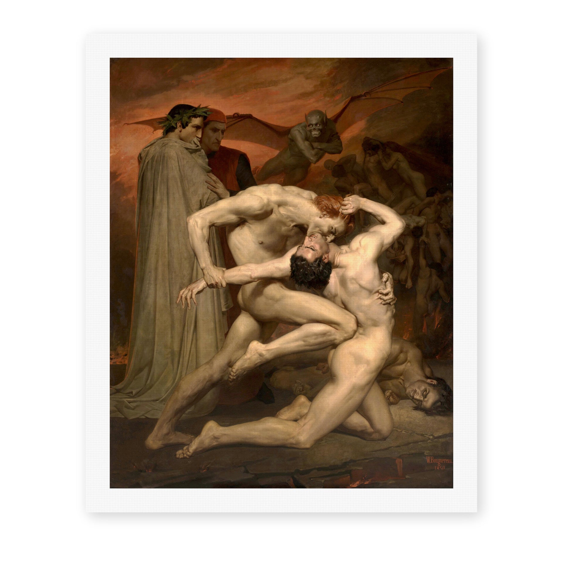 William-Adolphe Bouguereau's 'Dante and Virgil in Hell' painting reproduced as a rolled canvas print