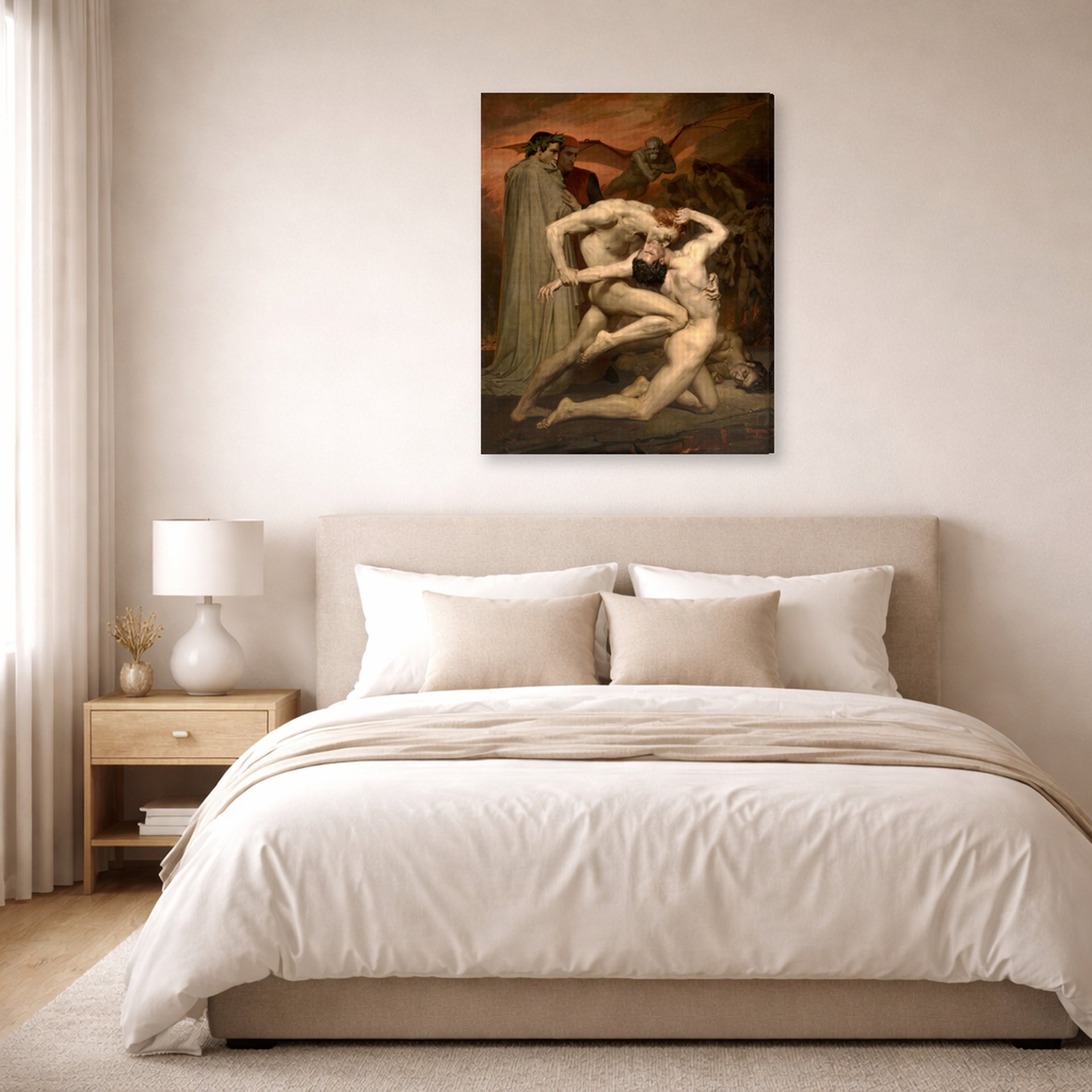 Gallery-wrapped canvas print of William-Adolphe Bouguereau's Dante and Virgil in Hell displayed on a wall in a bedroom