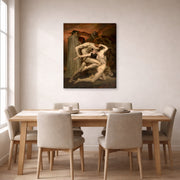 Gallery-wrapped canvas print of William-Adolphe Bouguereau's Dante and Virgil in Hell displayed on a wall in a dining room