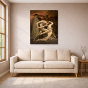 Gallery-wrapped canvas print of William-Adolphe Bouguereau's Dante and Virgil in Hell displayed on a wall in a living room