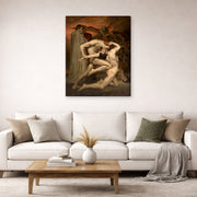 Gallery-wrapped canvas print of William-Adolphe Bouguereau's Dante and Virgil in Hell displayed on a wall in a second living room setting