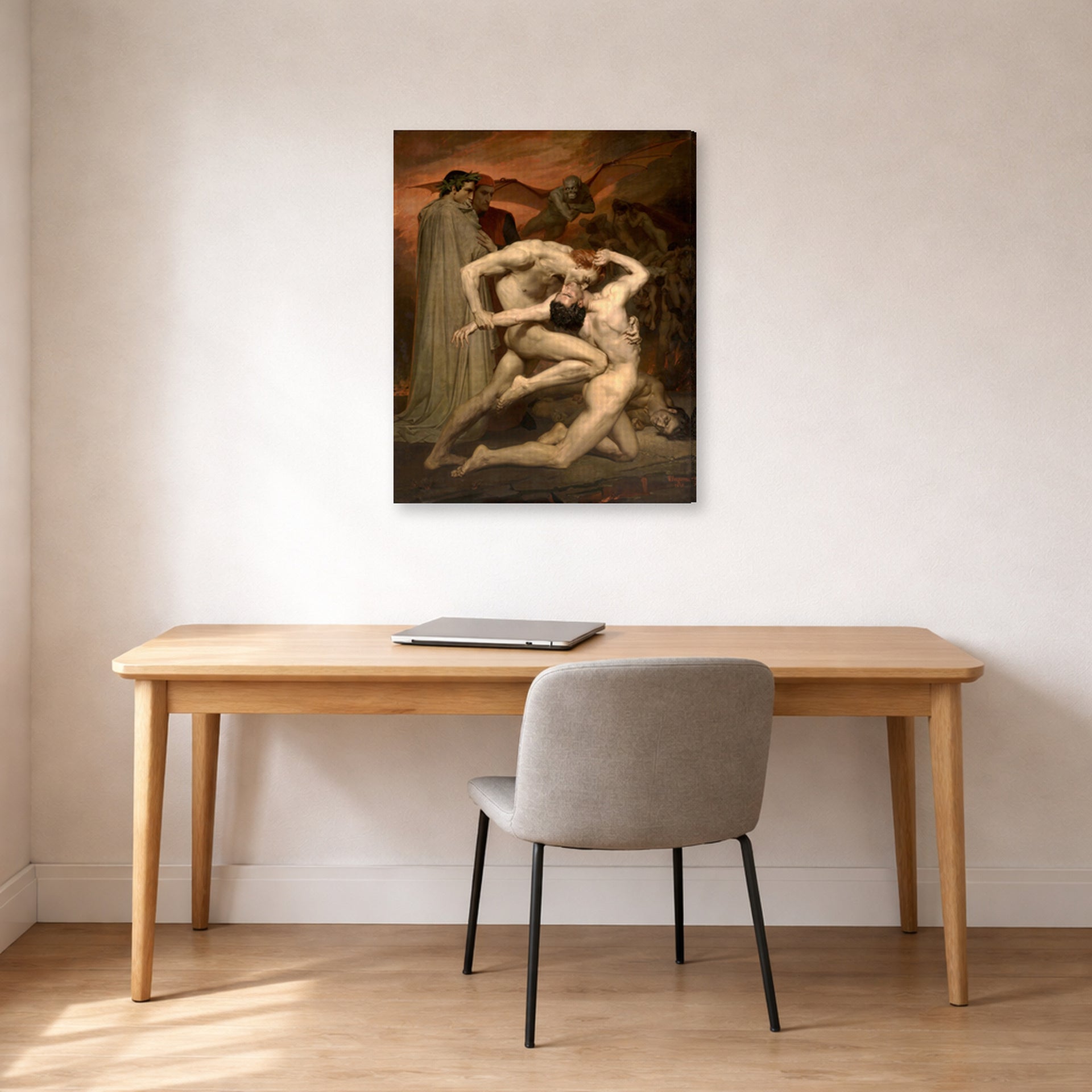 Gallery-wrapped canvas print of William-Adolphe Bouguereau's Dante and Virgil in Hell displayed on a wall in a office