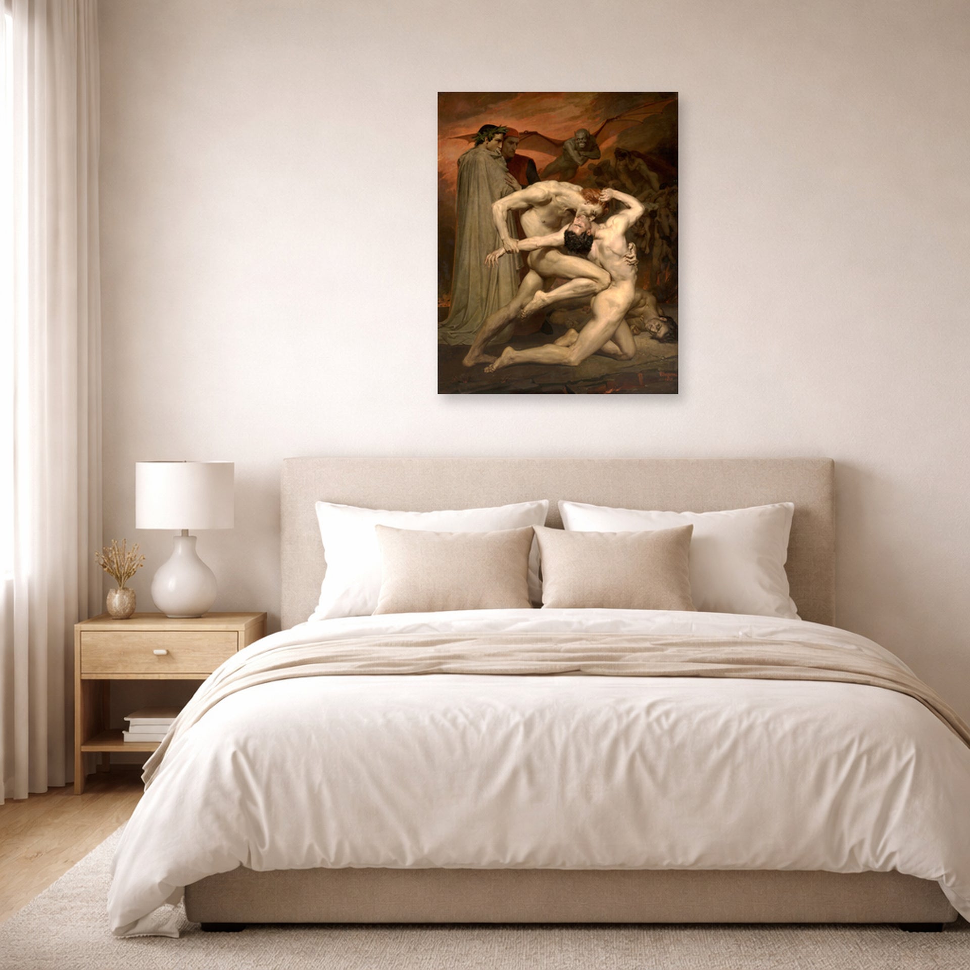 Unframed poster print of William-Adolphe Bouguereau's Dante and Virgil in Hell displayed on a wall in a bedroom