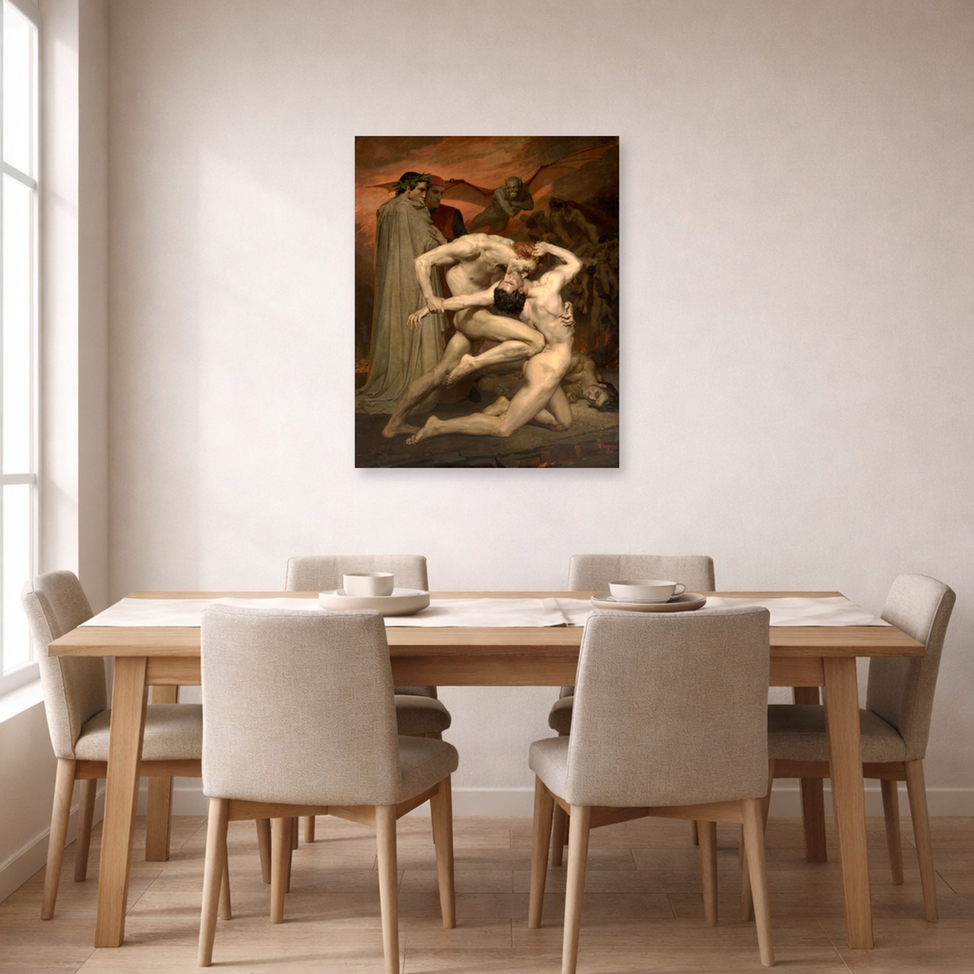 Unframed poster print of William-Adolphe Bouguereau's Dante and Virgil in Hell displayed on a wall in a dining room