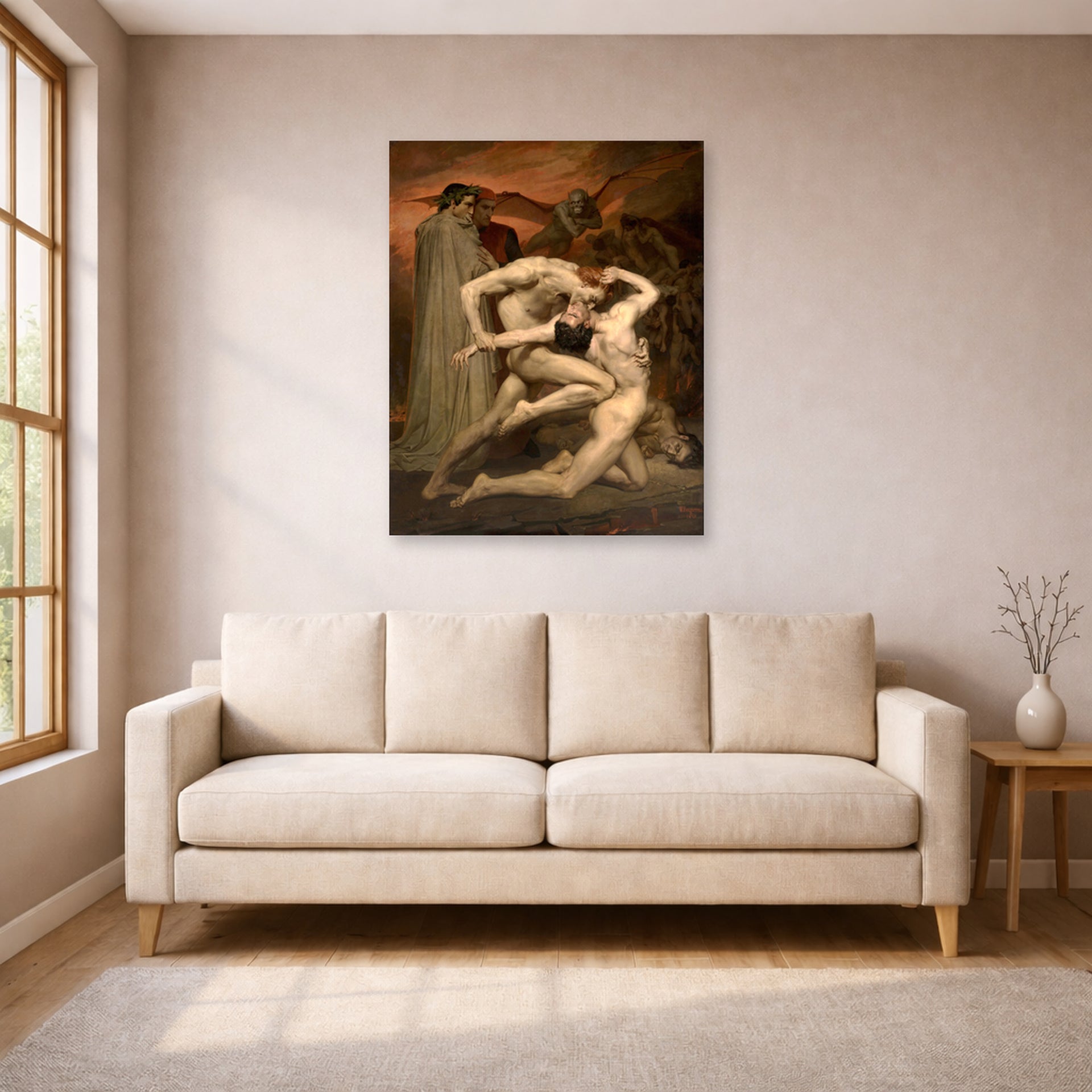 Unframed poster print of William-Adolphe Bouguereau's Dante and Virgil in Hell displayed on a wall in a living room
